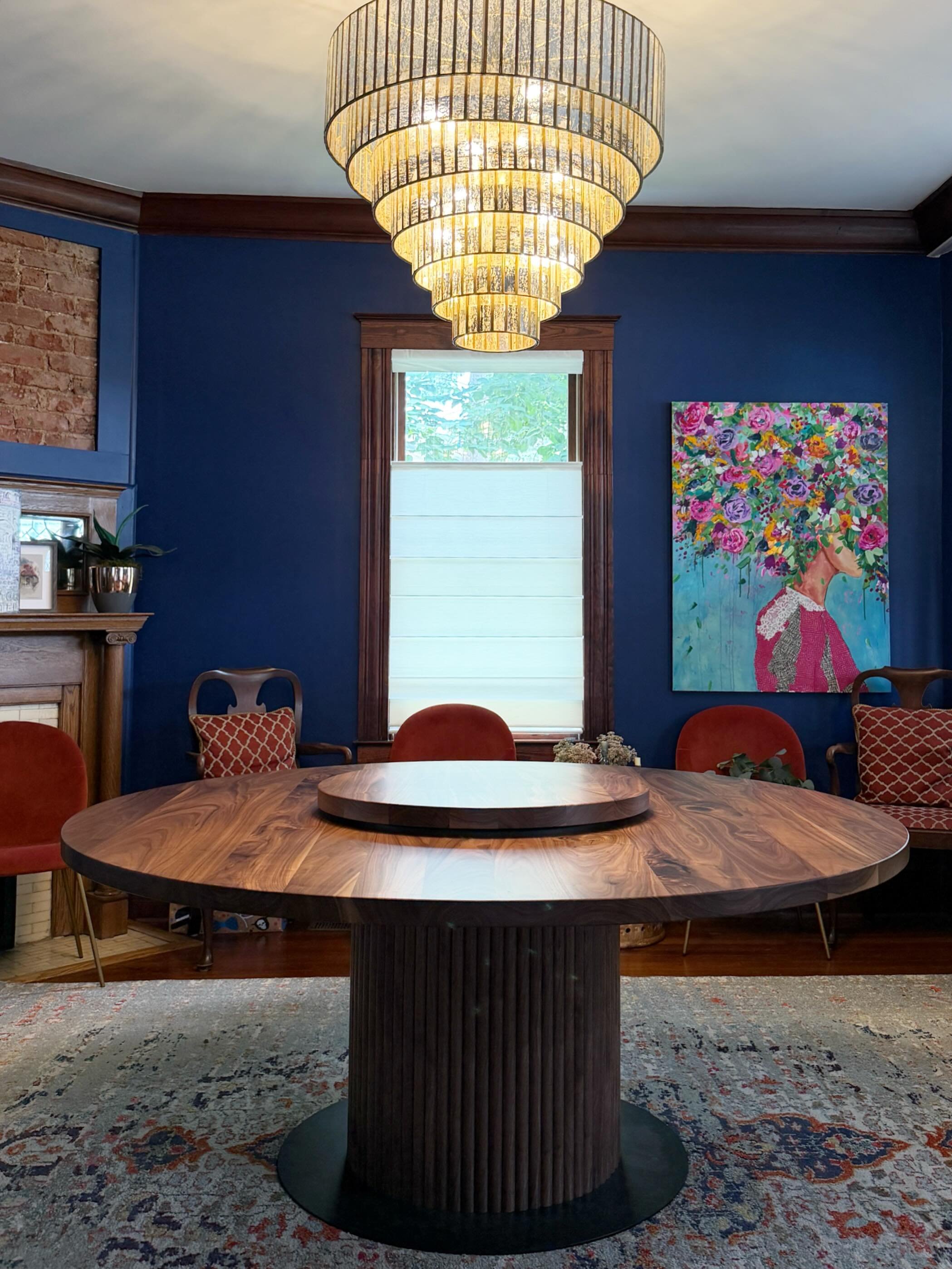 Walnut pedestal table with lazy susan for our friend @alliemhorne