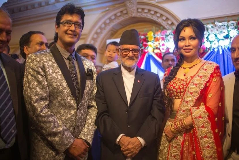 From left to right: Rajesh Hamal, PM Sushil Koirala, Madhu Bhattrai at Kailash Hall (Hotel Shanker, Kathmandu)
