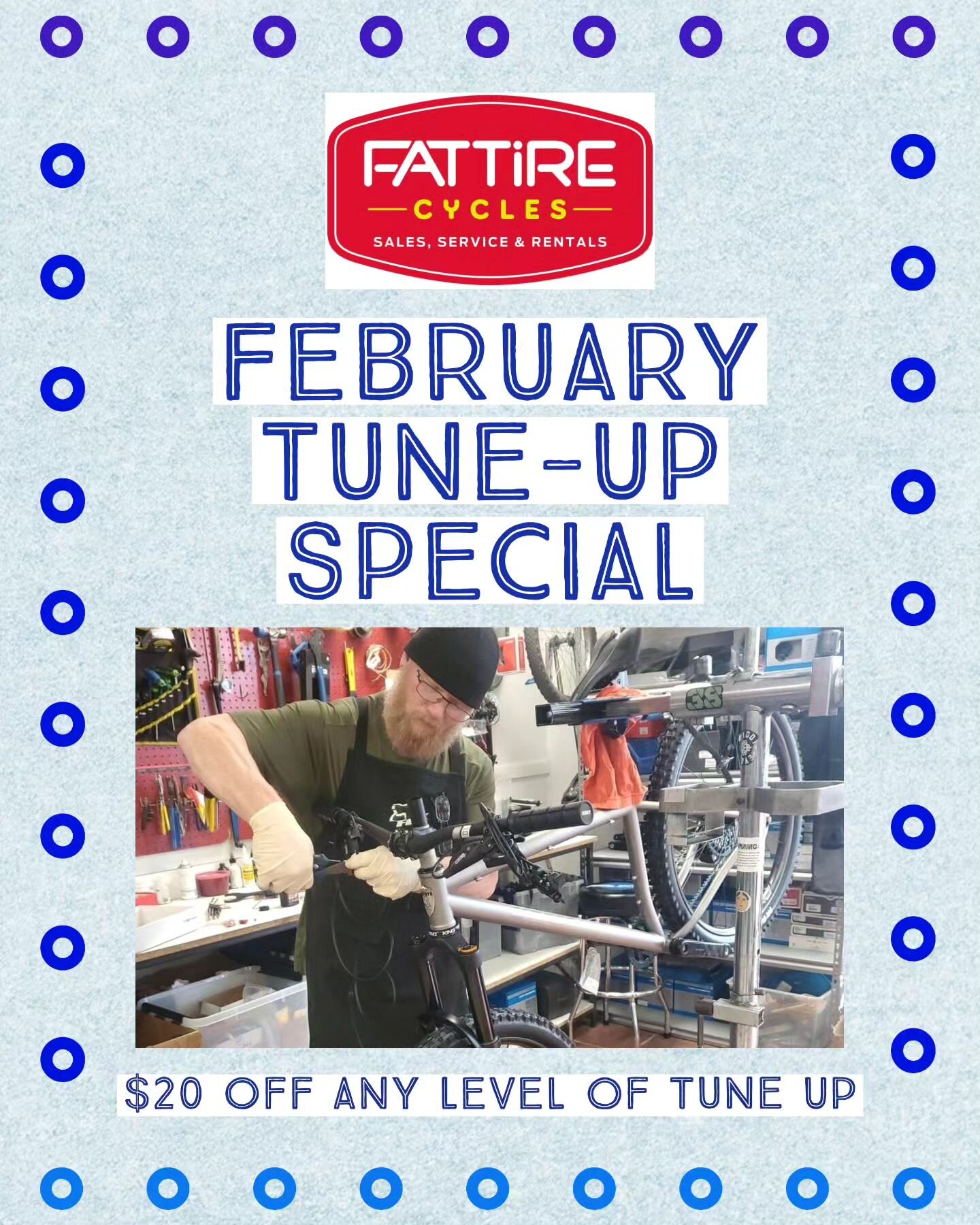 Get your bike ready to roll into spring! 

Take advantage of our $20 OFF Tune-Up Special and quick turnaround times for the entire month of February!

Bring your bike into either Fat Tire Cycles location for a free estimate today! 

#supportlocal #lo