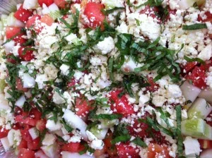 Tomato and Watermelon Salad with Feta Cheese
