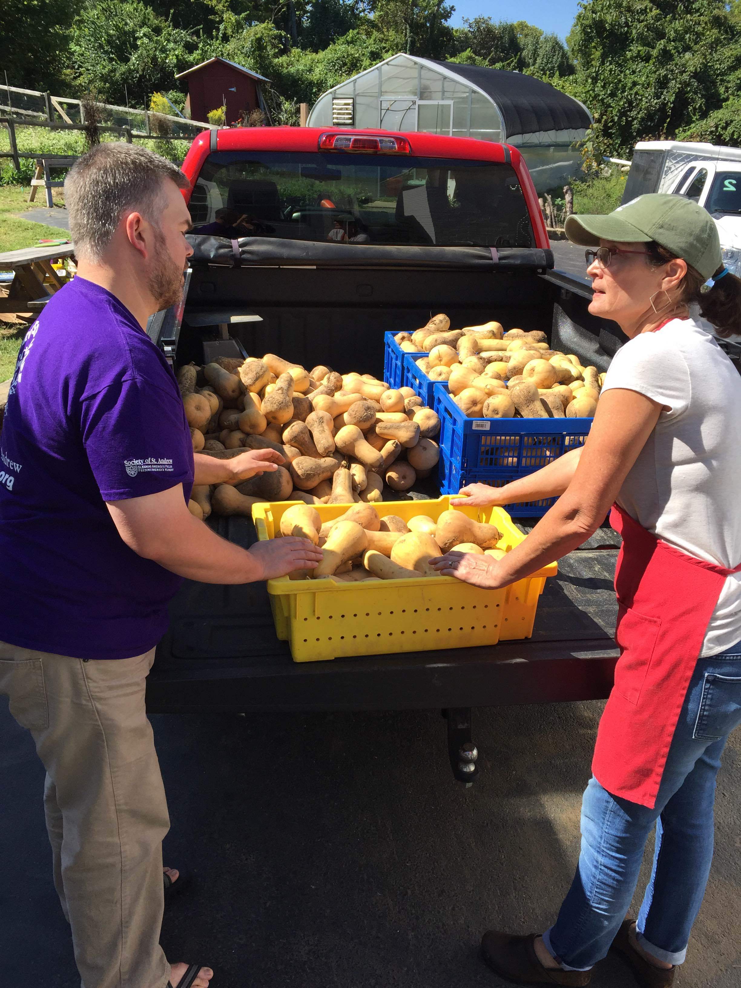 The Society of St. Andrew, a ministry that salvages food from local farms, makes a delivery of butternut squash to TNFP. 