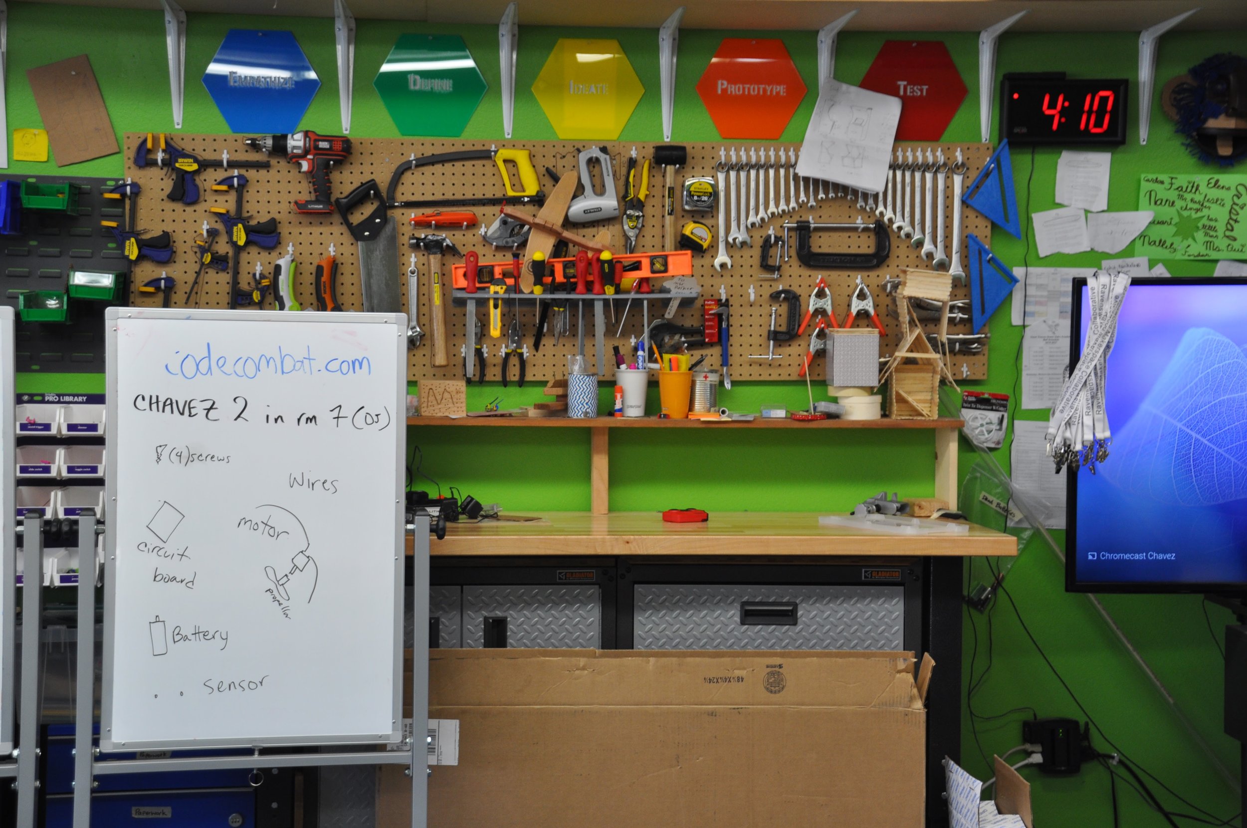 The Cesar Chavez makerspace workbench area, much improved after the "Make-A-Space" activity.
