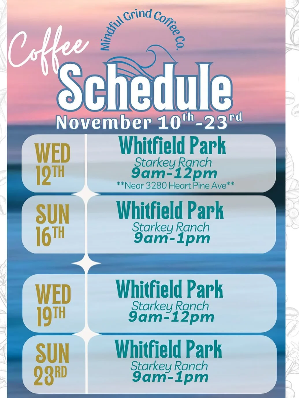 We are keeping our schedule light for a bit. You can catch us Wednesdays and Sundays at Whitfield Park in Starkey Ranch. Wednesday we are open until noon, Sunday we are open until 1pm.