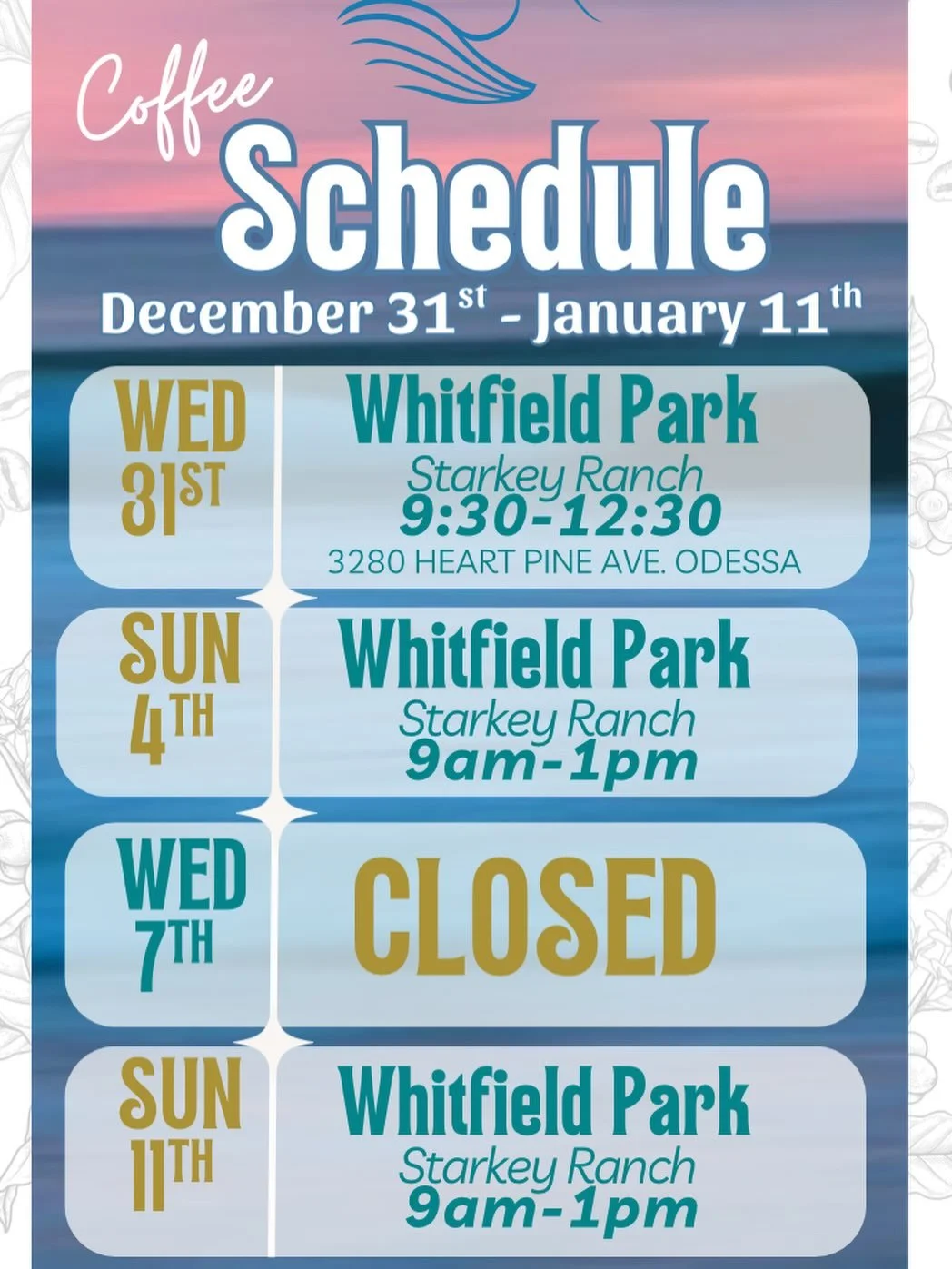 As 2025 is coming to an end, you can join us at Whitfield Park. We are opening a weebit later due to these frigid temps. 

For now we continue to open Wednesdays and Sundays with a few random events popping up. 

Heads up, we will be closed Wednesday