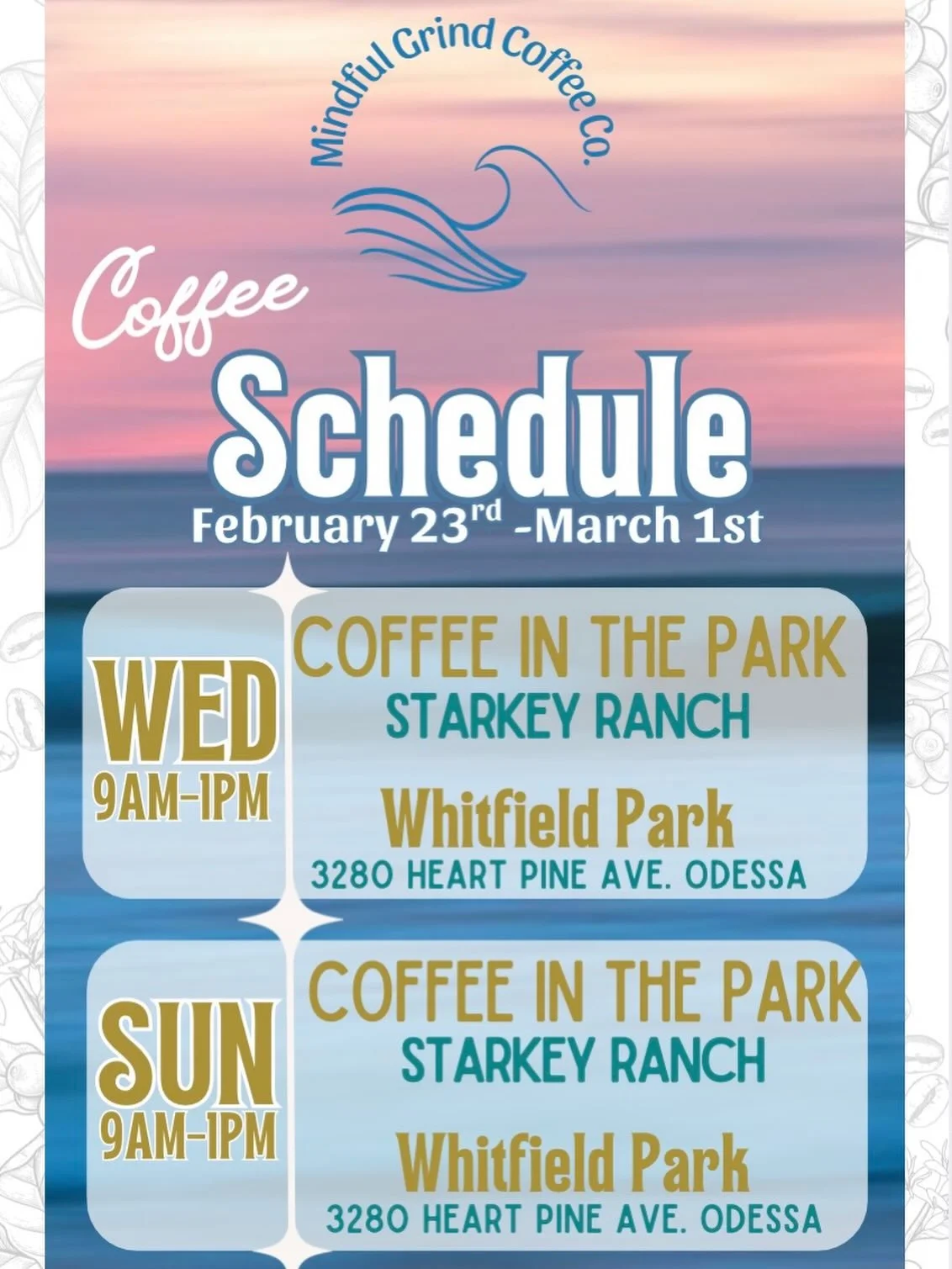 Join us this week for coffee in the park, Wednesday and Sunday from 9am to 1pm. 🌿