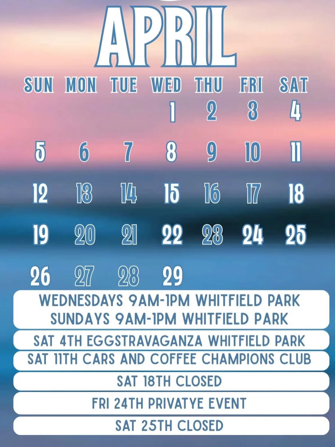 Our April line up. You can catch us every Wednesday and Sunday for coffee in the park. 
Our Saturday events are open to the public for coffee. 
The egg hunt is for starkey residents that signed up.  Cars and coffee is welcome to all. If you have a co