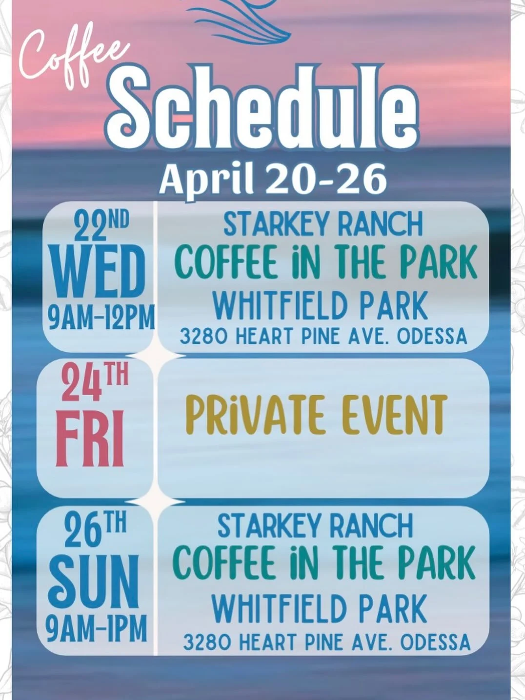 We are starting the week with closing a bit early Wednesday, we will be open from 9-12 for coffee in the park. We have a private event Friday and you can join us Sunday from 9-1 for coffee in the park