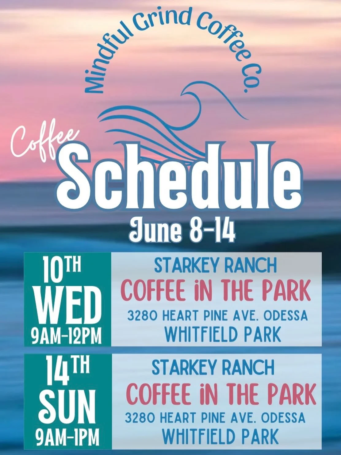 Join us this week for coffee in the park.
9am-12pm Wednesday 
9am-1pm Sunday