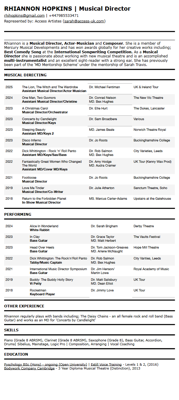 Rhiannon Hopkins - Musical Director CV 2026