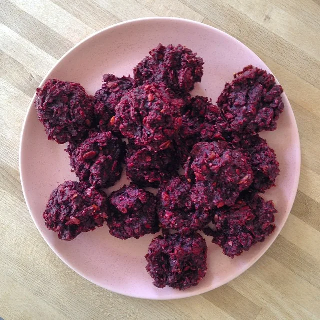 Beet-dark chocolate protein puffs.