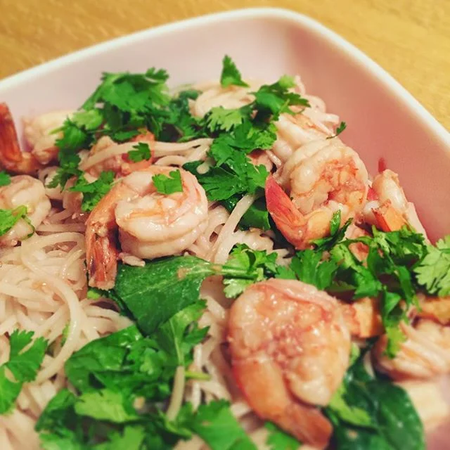 Raspberry Ginger Shrimp with Spinach and Cilantro over Rice Noodles