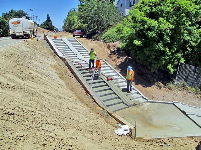The Brea Tracks Segment 2 and 3 Project is coming along nicely. Take a look at these special stairs which allow cyclists to place their bike in the center track as they walk down the steps!Follow us to get continuing updates on this project and other