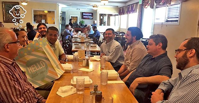 A congratulatory delicious lunch at the Hatam Restaurant in Anaheim where OE Project Manager Justin Smeets can barely be seen dipping into his bag of baby gifts. We went ahead and illustrated what's on his mind. Congrats to Justin and his lovely wife
