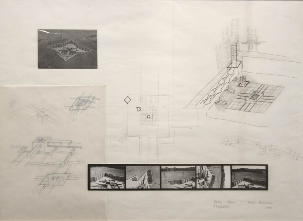 Mary Miss Early Plans for Field Rotation, Park Forest South, Illinois 1981 pencil, ink, photos, collage on paper 23 3/4 x 29 1/2 inches