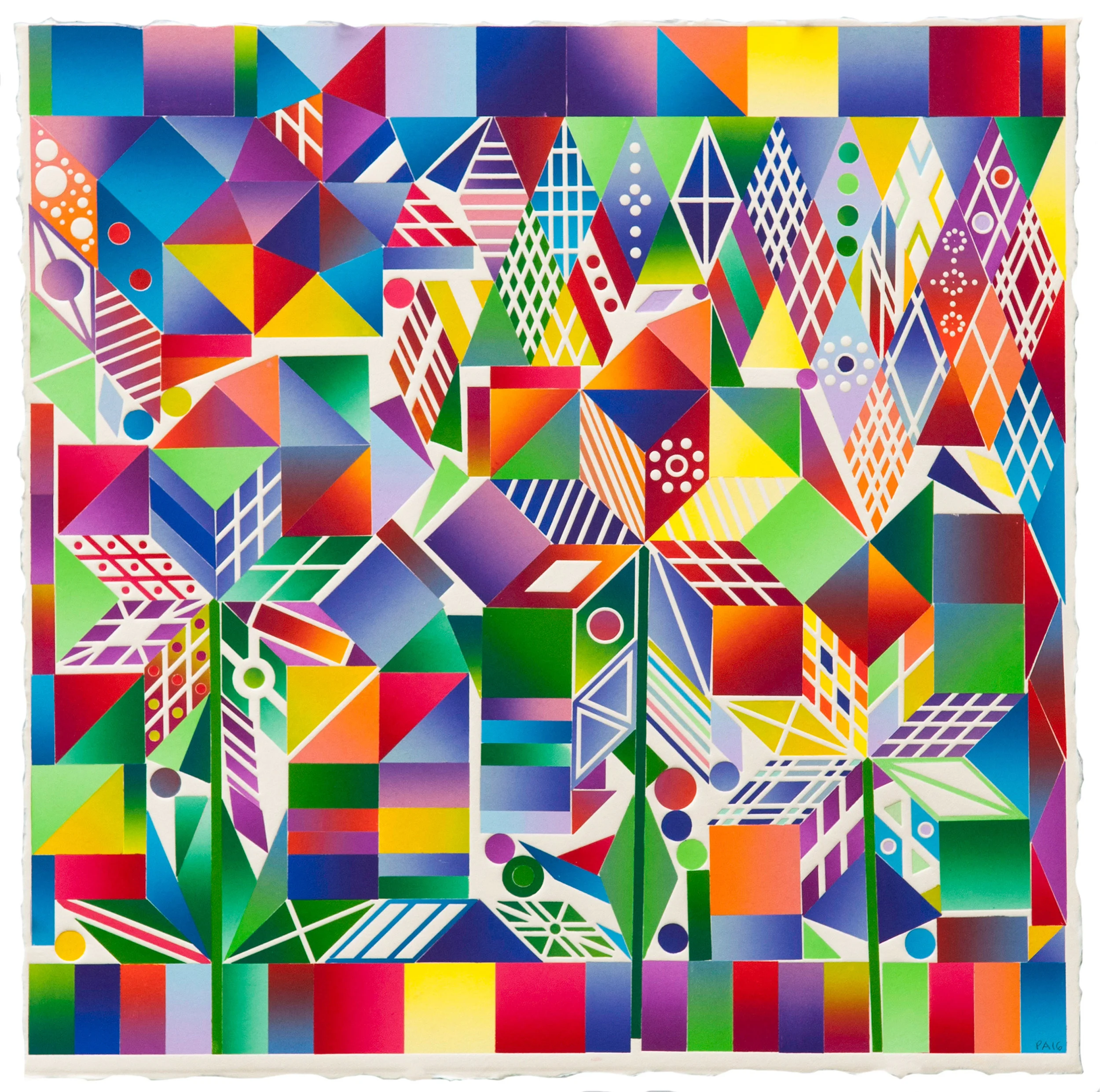 Polly Apfelbaum Atomic Mystic Puzzle 1 2016 woodblock monoprint on handmade Japanese paper 25 x 25 inches