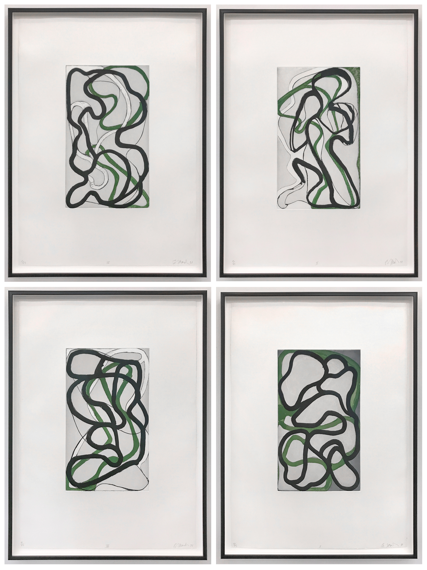 Brice Marden Suzhou I-IV , 1998 set of 4 etchings with other media on Somerset paper 25 5/8 x 18 3/4 inches each (37.5 x 22.2 cm) Edition of 45