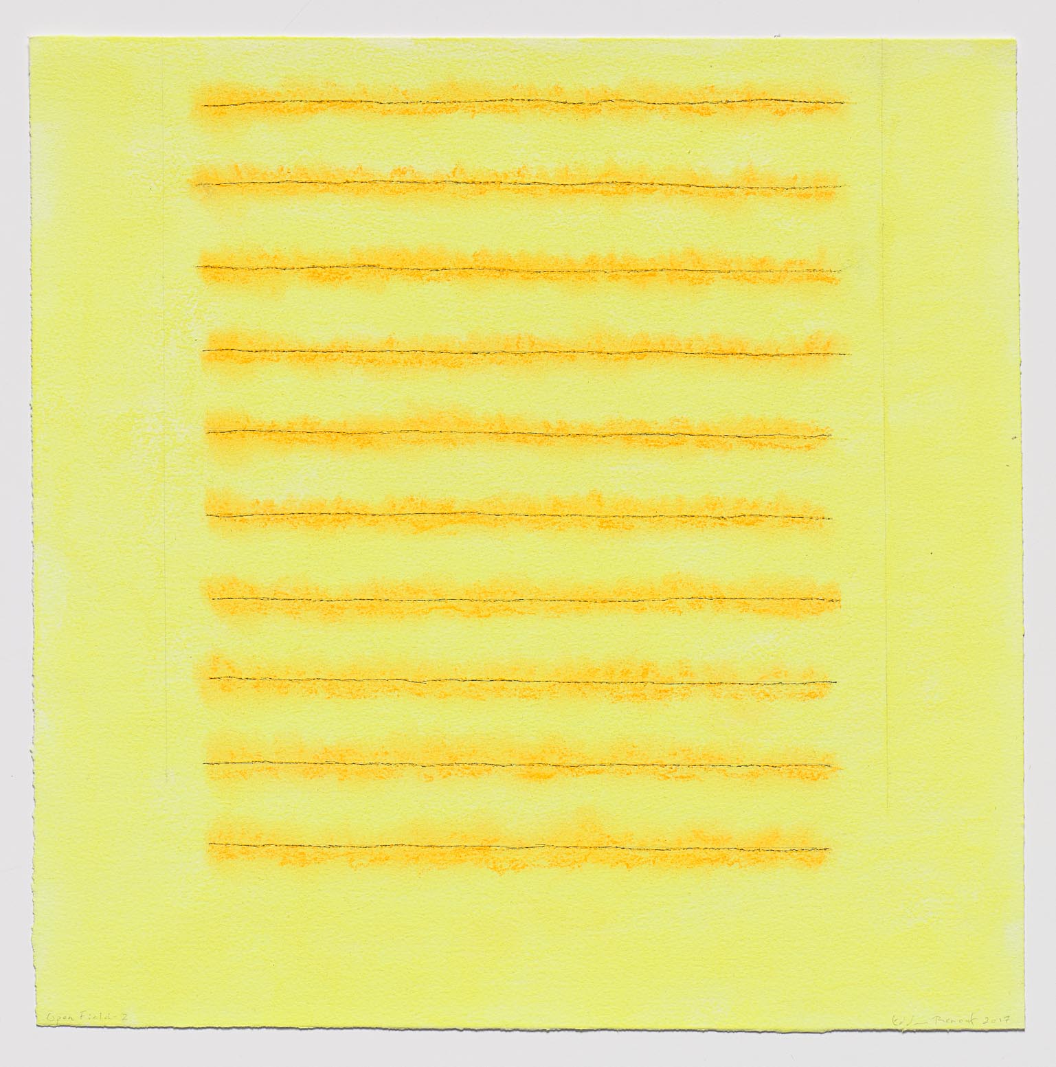 Edda Renouf (American, b. 1943) Open Field-2, from Open Field Series , 2017 Incised lines, ink, graphite, and yellow pastel chalk on Arches paper 15 x 15 inches