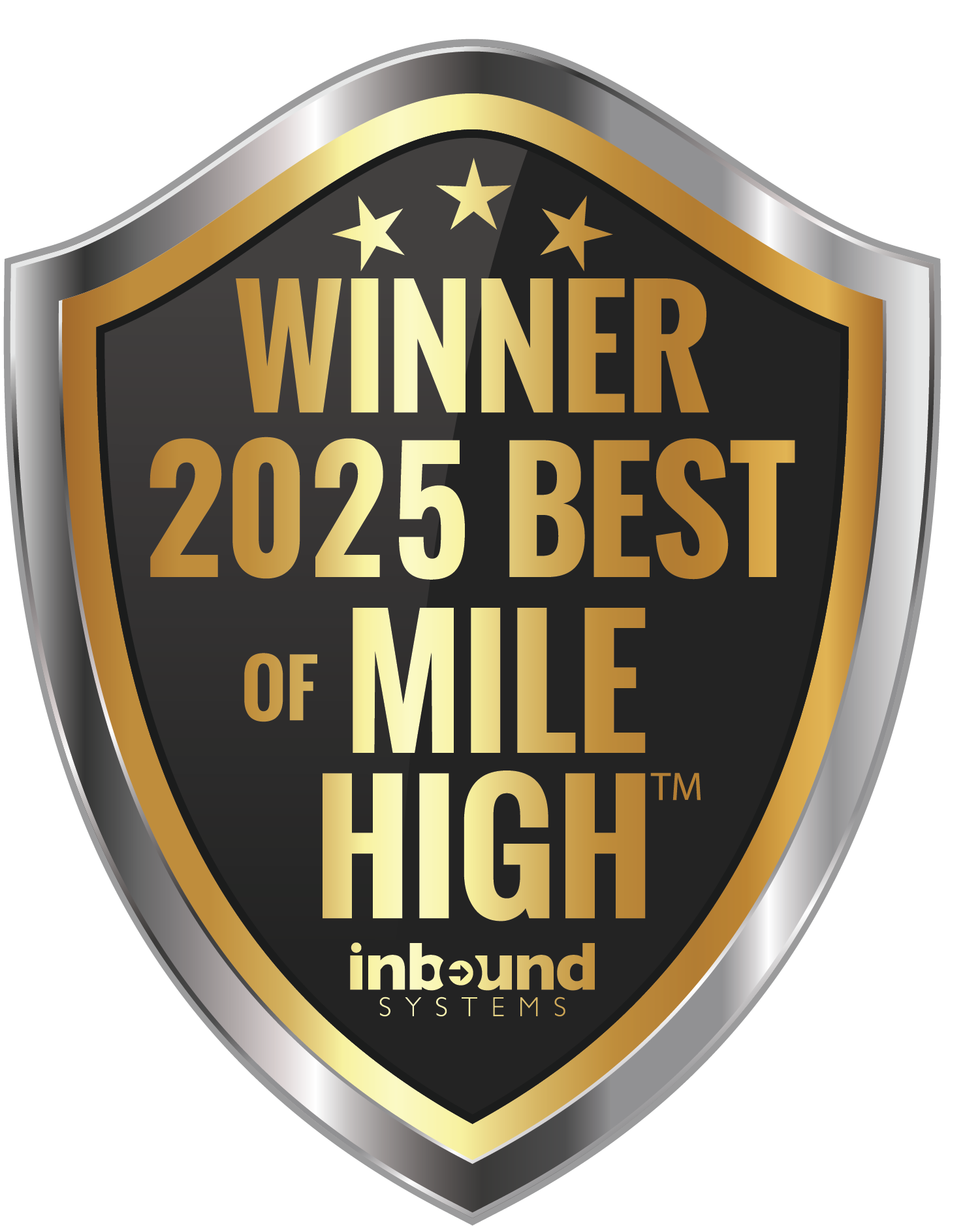 A shield-shaped badge with black, gold, and silver colors, displaying 'WINNER 2025 BEST OF MILE HIGH' with three stars above and the 'inbound SYSTEMS' logo at the bottom.
