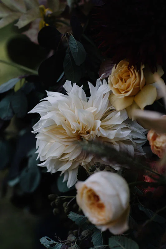 autumnal coloured woodland flowers and garden roses for a wedding in staffordshire