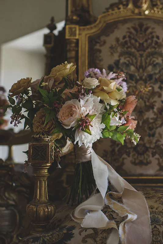 unique gold and pink bridal bouquet with silk ribbons