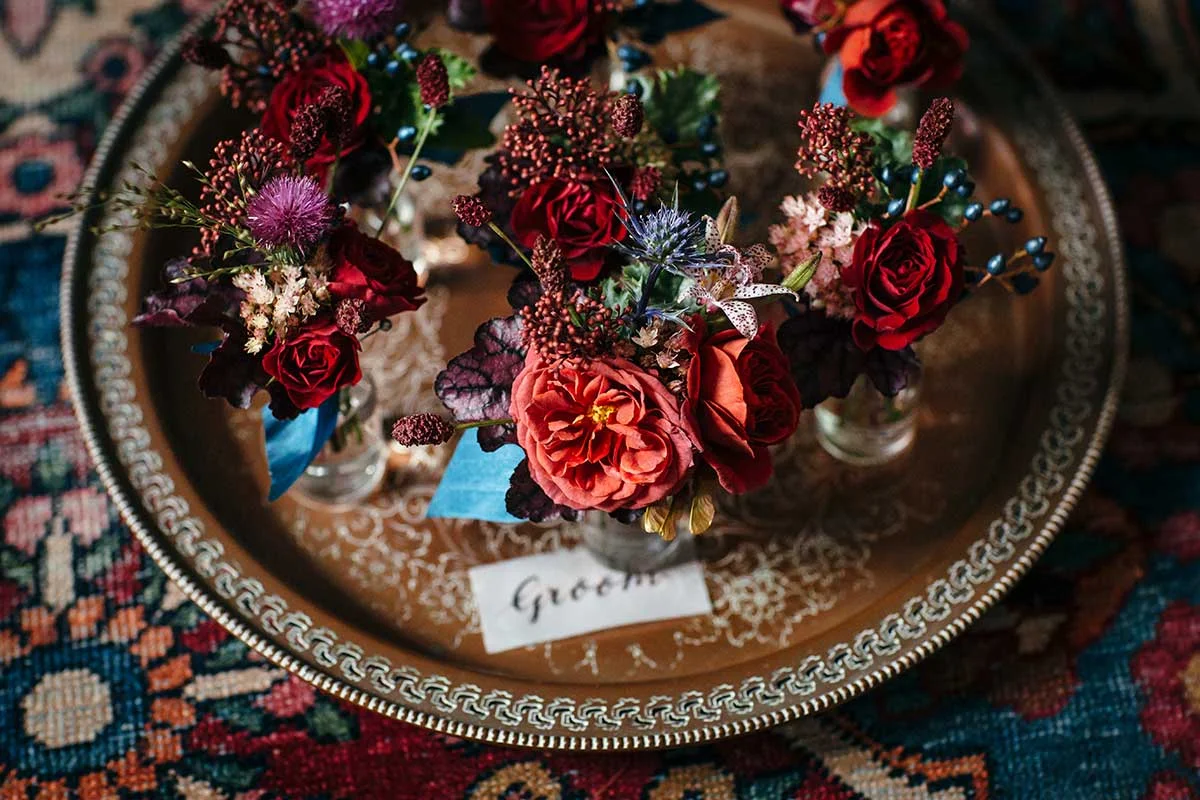 Vervain Unique Devon Wedding in Dark and Moody colours with autumnal blooms and silk ribbon