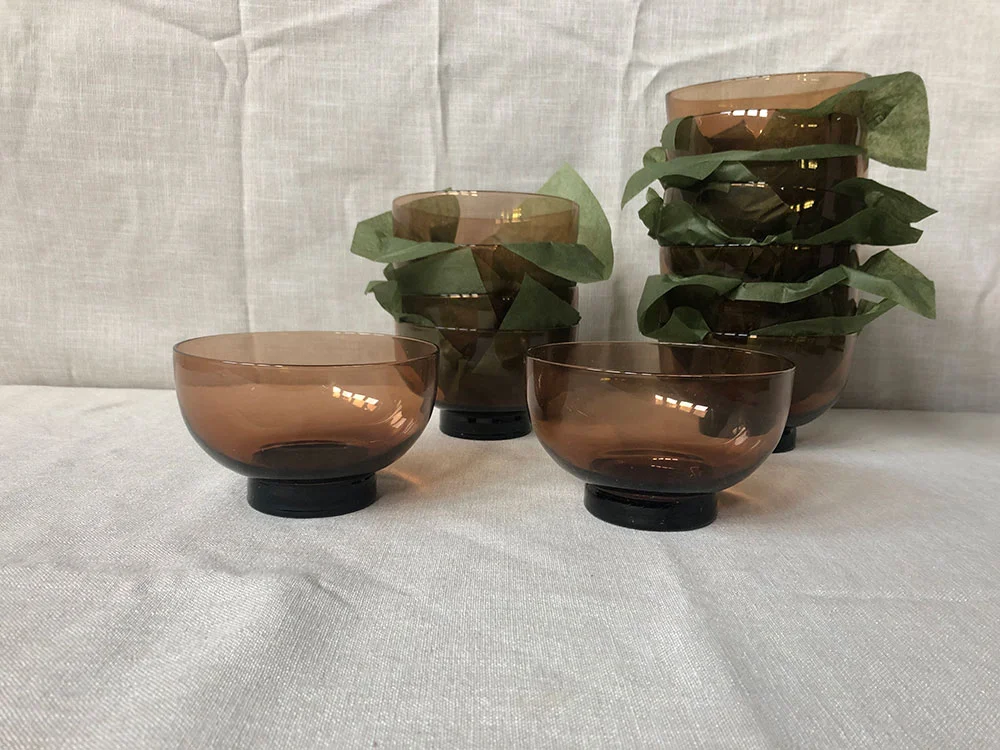 Rust coloured footed glass bowls