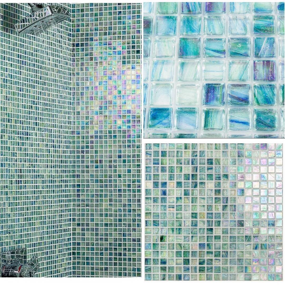 With rain comes rainbows! 1/2&rdquo;x1/2&rdquo; Iridescent Polished Glass Mosaic. Special order. 7-10 business days.  #tile #tiles #walltiles #walltile #backsplash #chicago #humboldtpark #logansquare #familyowned #tilestore #smallbusiness #ihavethist