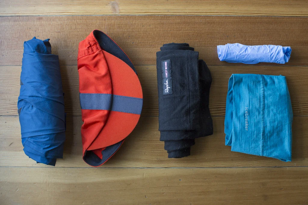 Emergency Kit - 7Mesh Resistance Jacket, Rapha Cap, Rapha Merino knee warmers, Icebreaker merino beanie, latex gloves