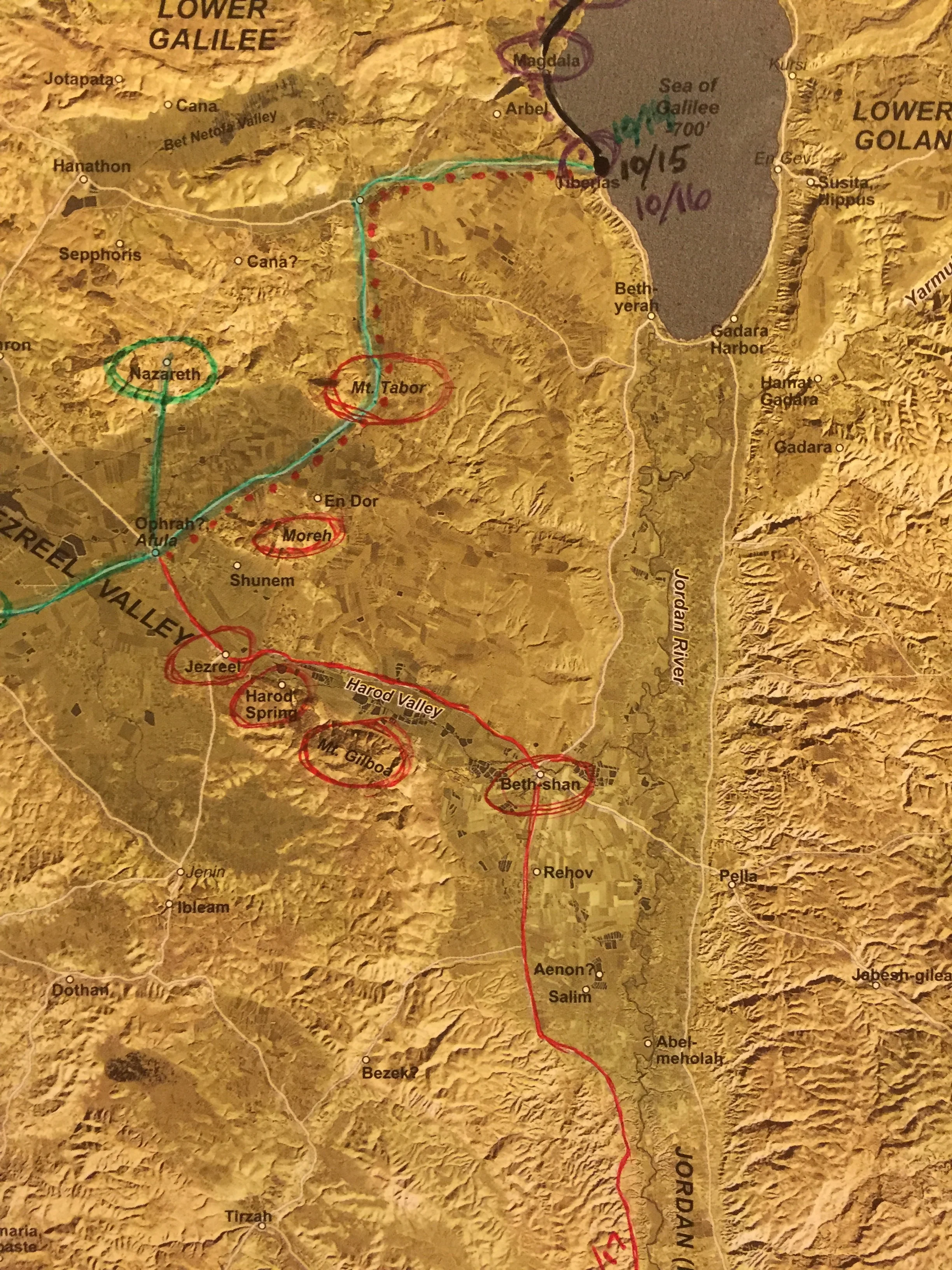 The locations we stopped at or saw. From Jezreel we attempted to see Mt. Tabor, the hill or Moreh & Mt. Gilboa.