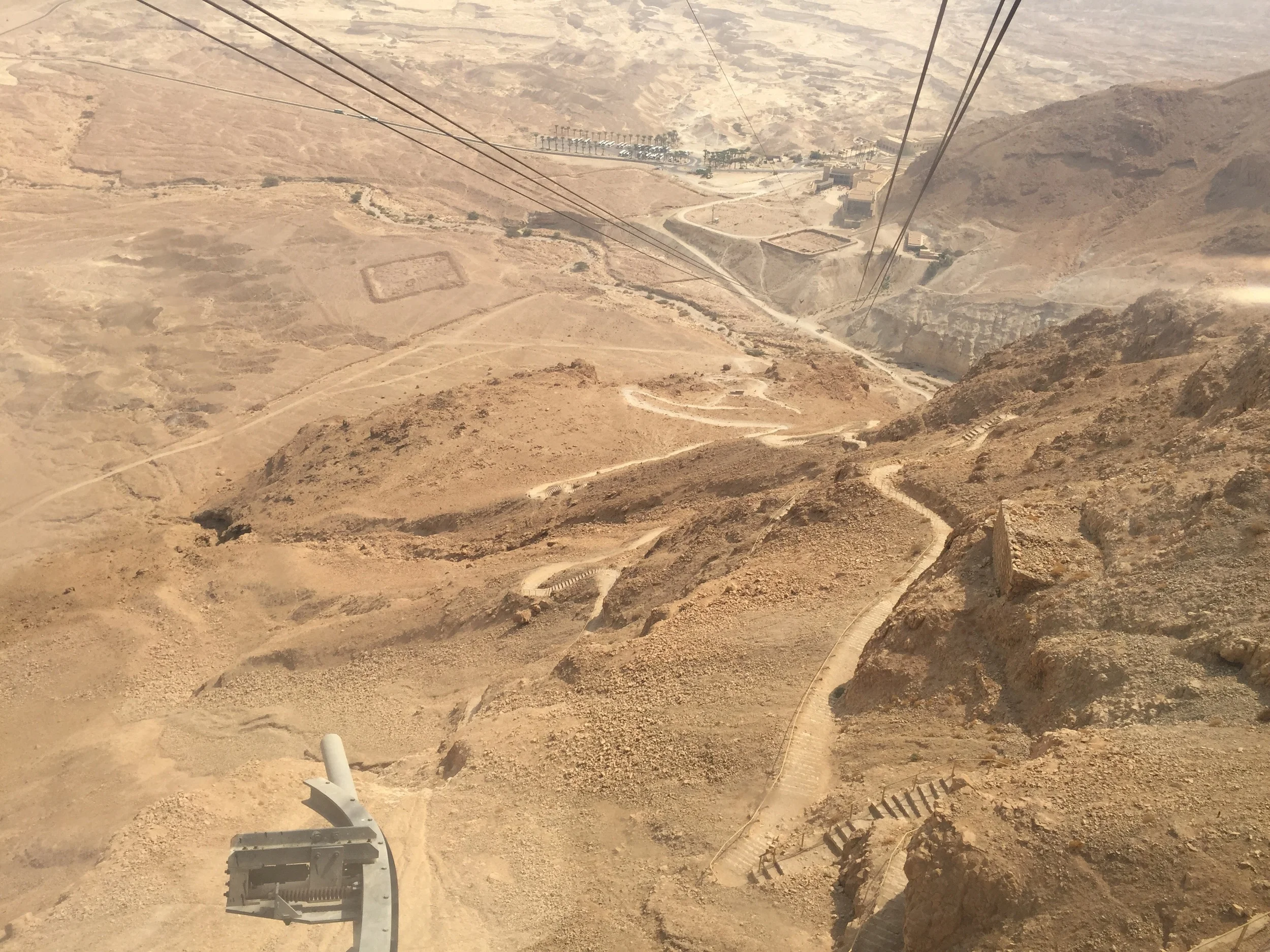 The view down from our cable car at Masada. You can see the two squares that were the Roman encampments, as well as the Snake Path winding its way up.