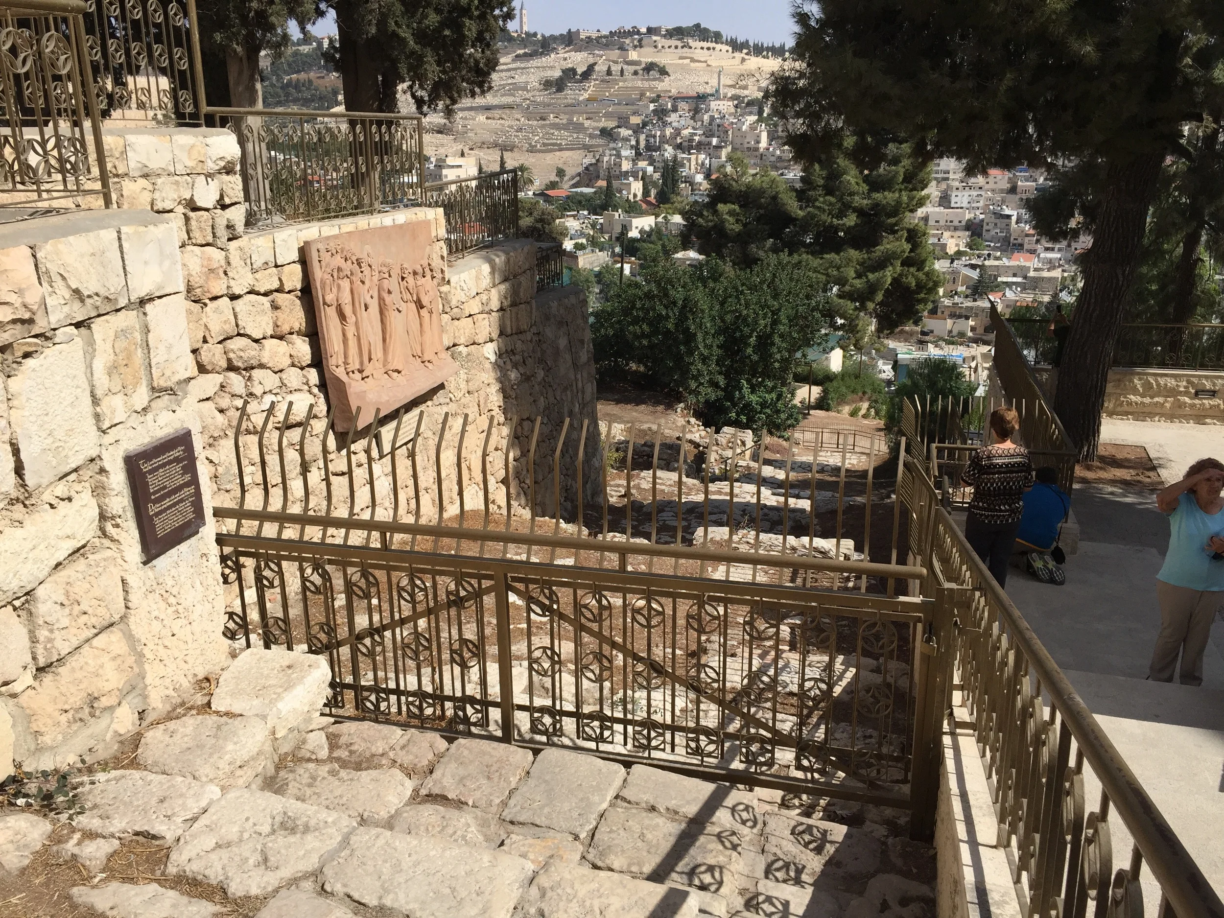 The first century street leading up to the building has been uncovered. The odds are good that Jesus was brought up these steps on his way to Caiaphas. In the background on the other side of the valley you can see the Mount of Olives. Because of it's location, it is highly likely that Caiaphas would have been able to watch the torch carrying mob leave Jerusalem, cross the Kidron valley below, ascend the Mount of Olives to the Garden of Gethsemene and back to town, all from the comfort of his palace.