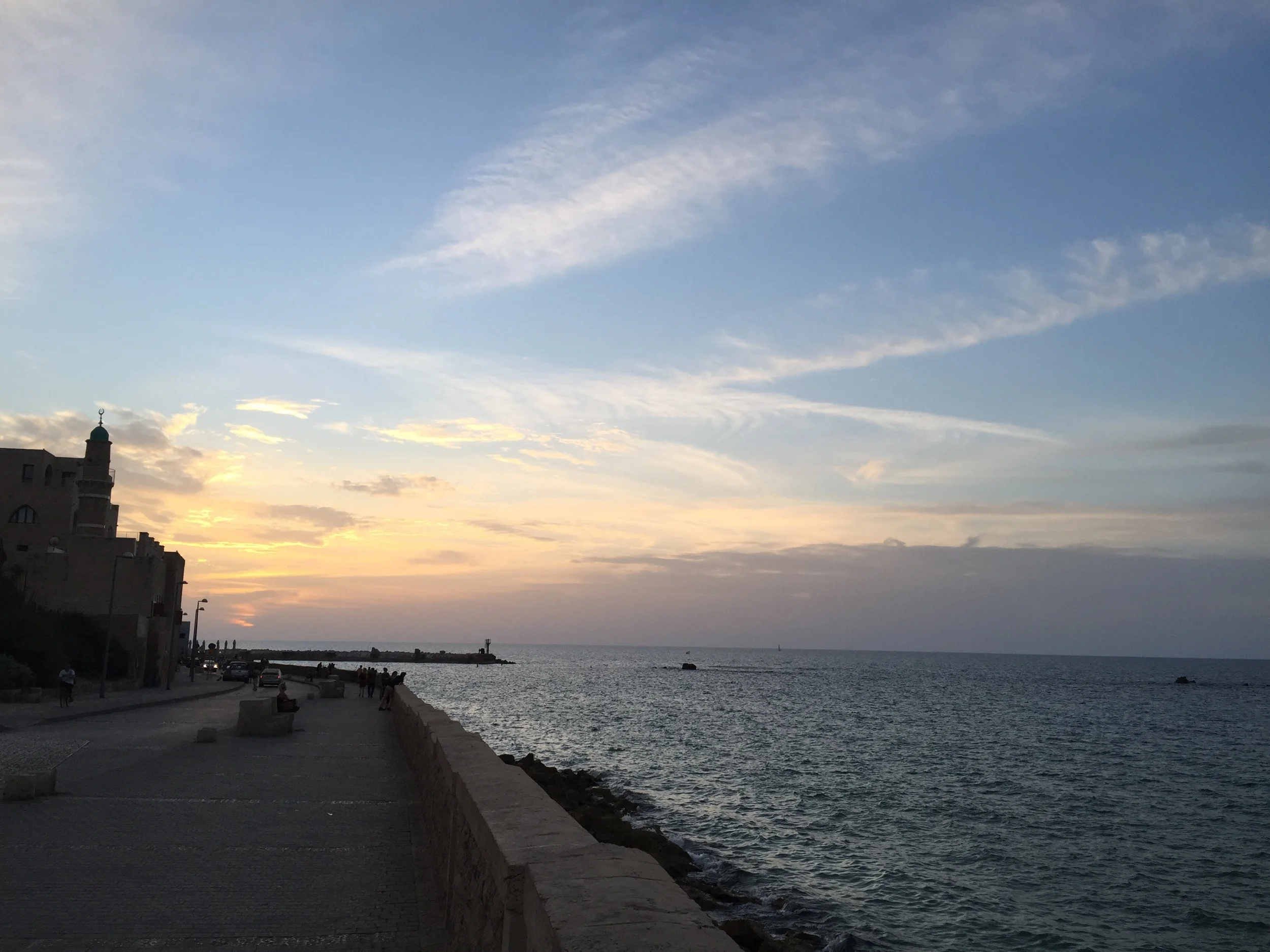 Instead of walking around as a group, Barry let us loose for an hour to walk around Jaffa and see what we could see. Anna and I headed down to the water. She walked in the Mediteranean and we enjoyed the sunset together. We took several different pictures of the ancient harbor (in this picture they are the two clumbs of rock you see in the water). It was a perfect way to wrap up our trip. We were just a few miles south of Netanya where we spent our first night in Israel just a few short days ago. Our group shared one last meal together at a restuarant in town, and then we said our goodbyes to Gus at the airport.