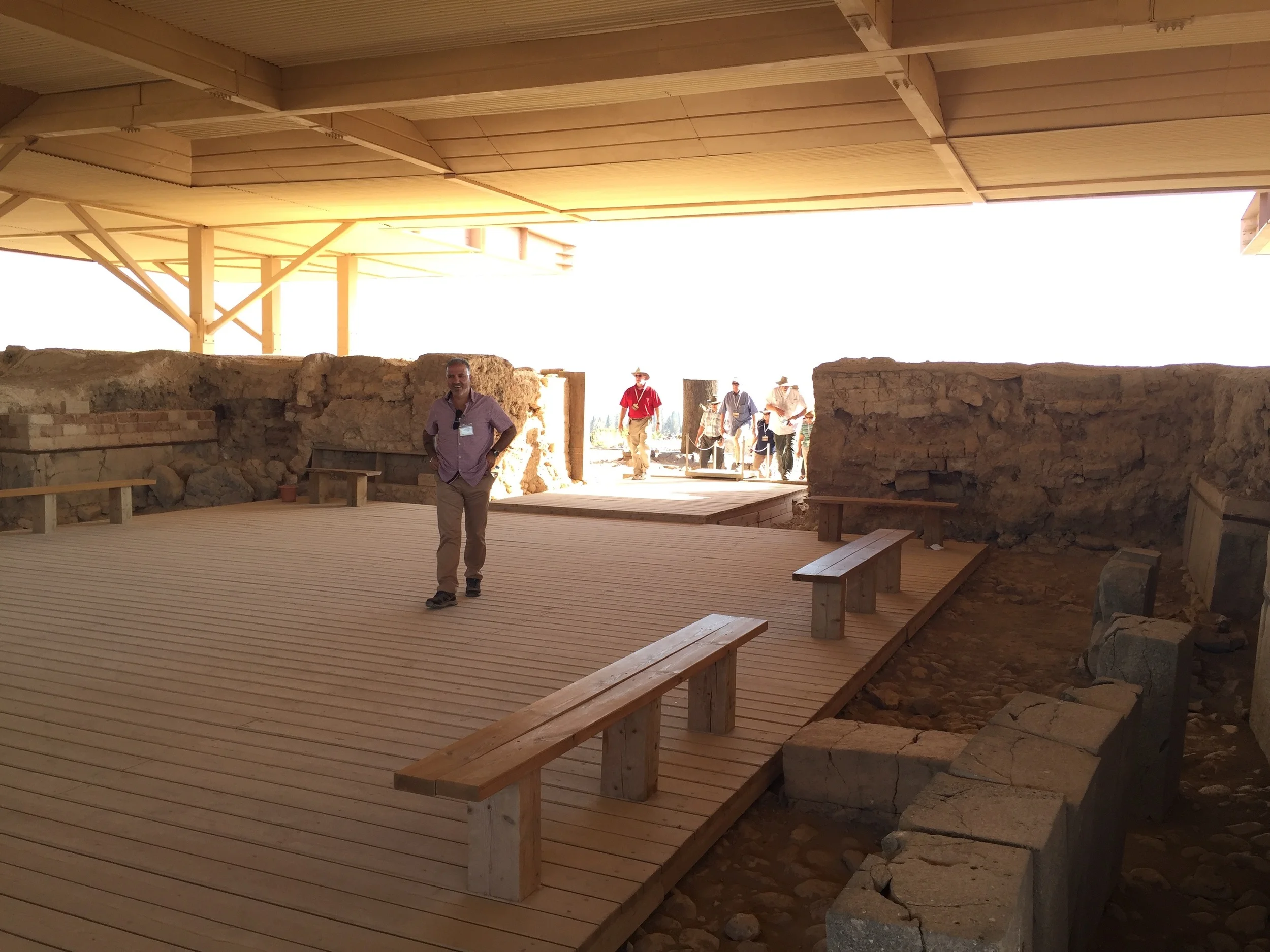 Inside the Canaanite palace at Hazor. The group is entering through the main door.