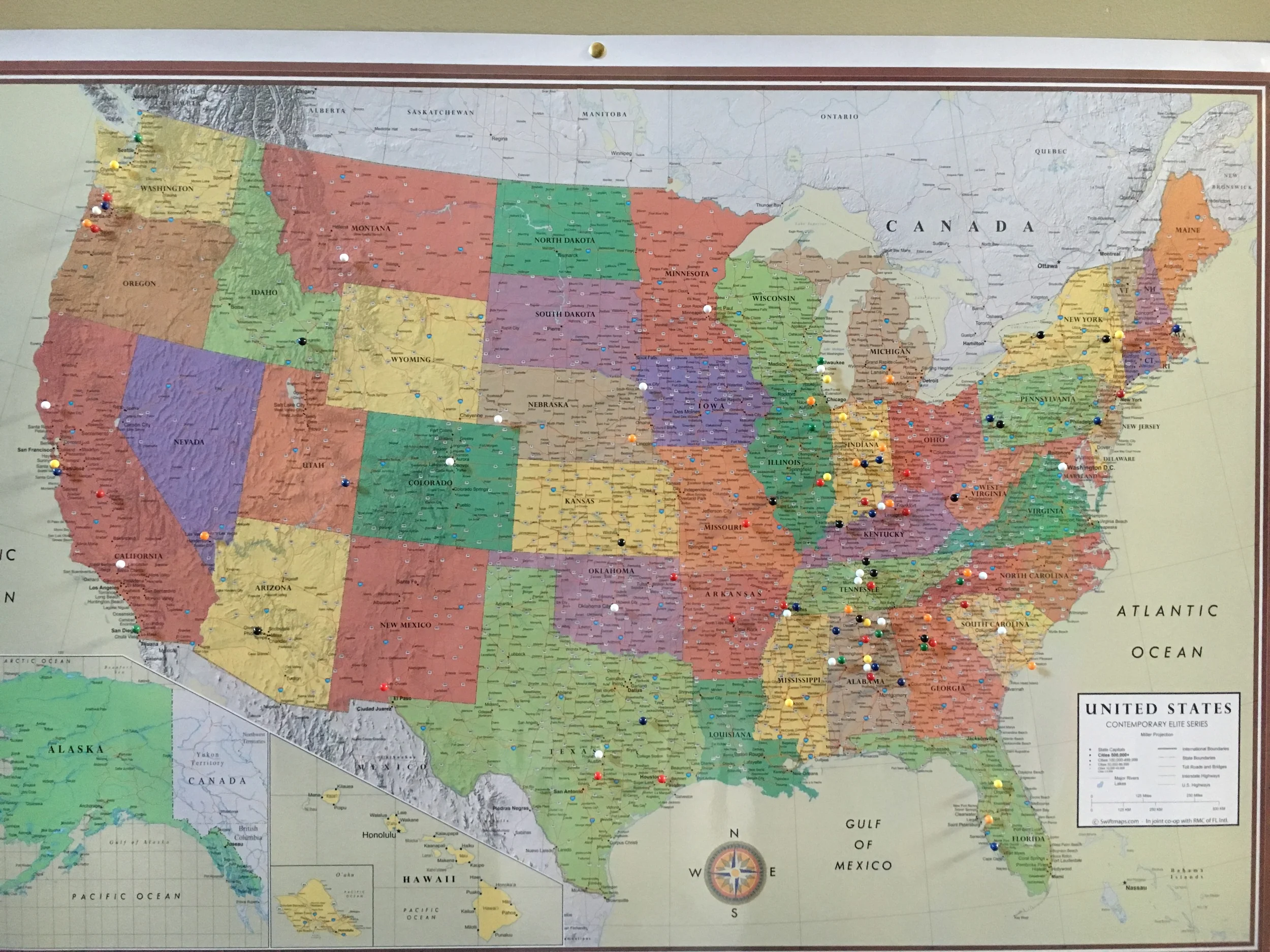 Our map marking where we have received cards for Cooper, and where people are praying!