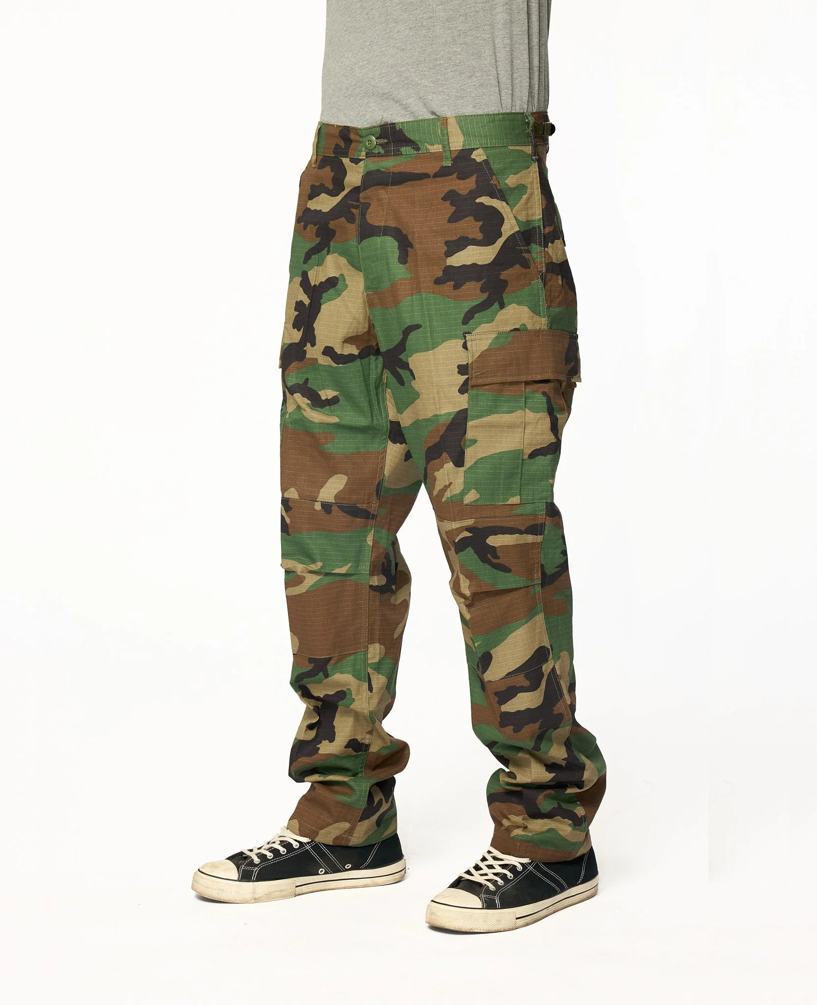 Vintage wash camo cargo pants fabric detail showing texture and pattern