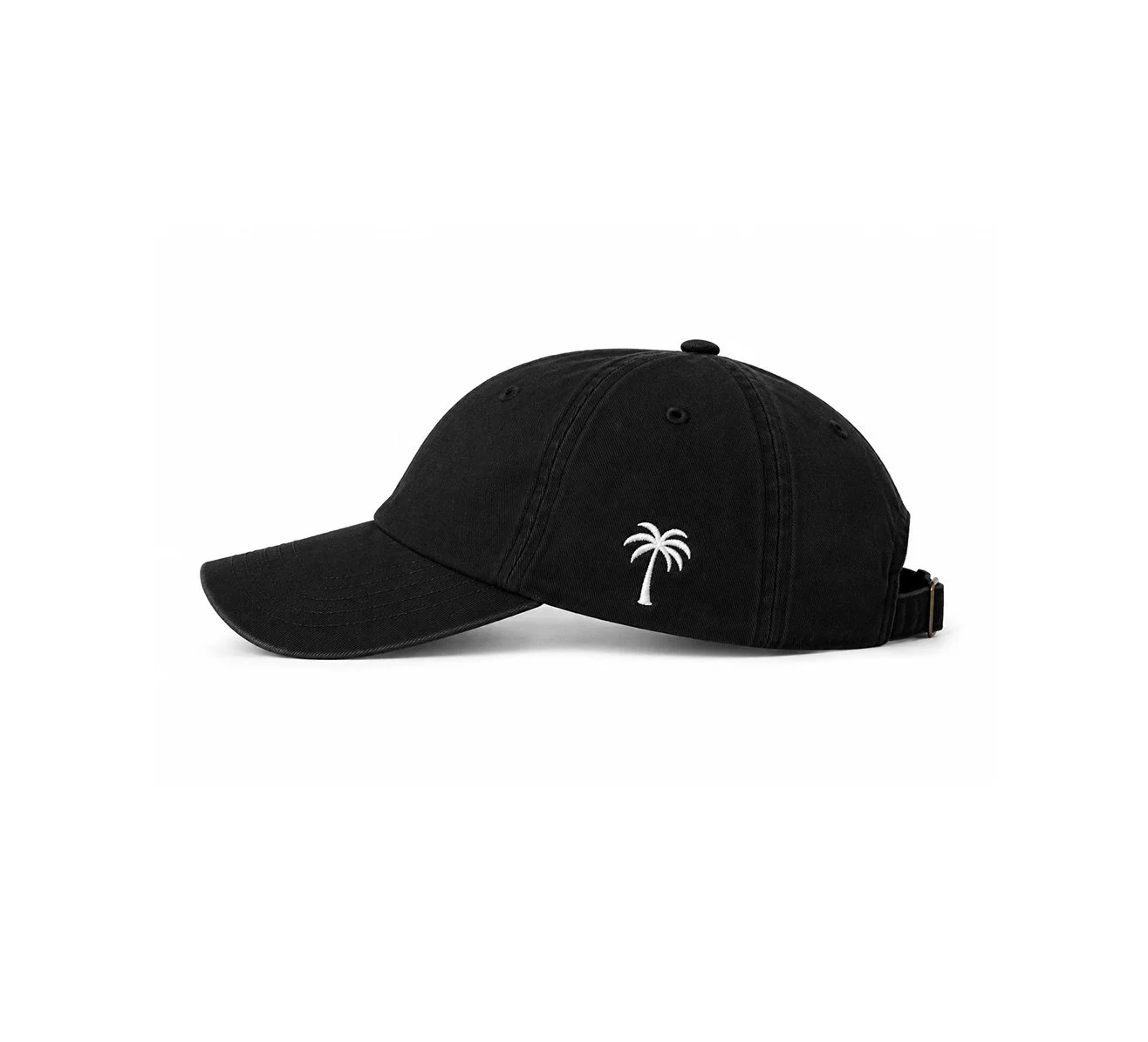Black dad hat side view featuring embroidered palm tree detail on white background by The SellOut.
