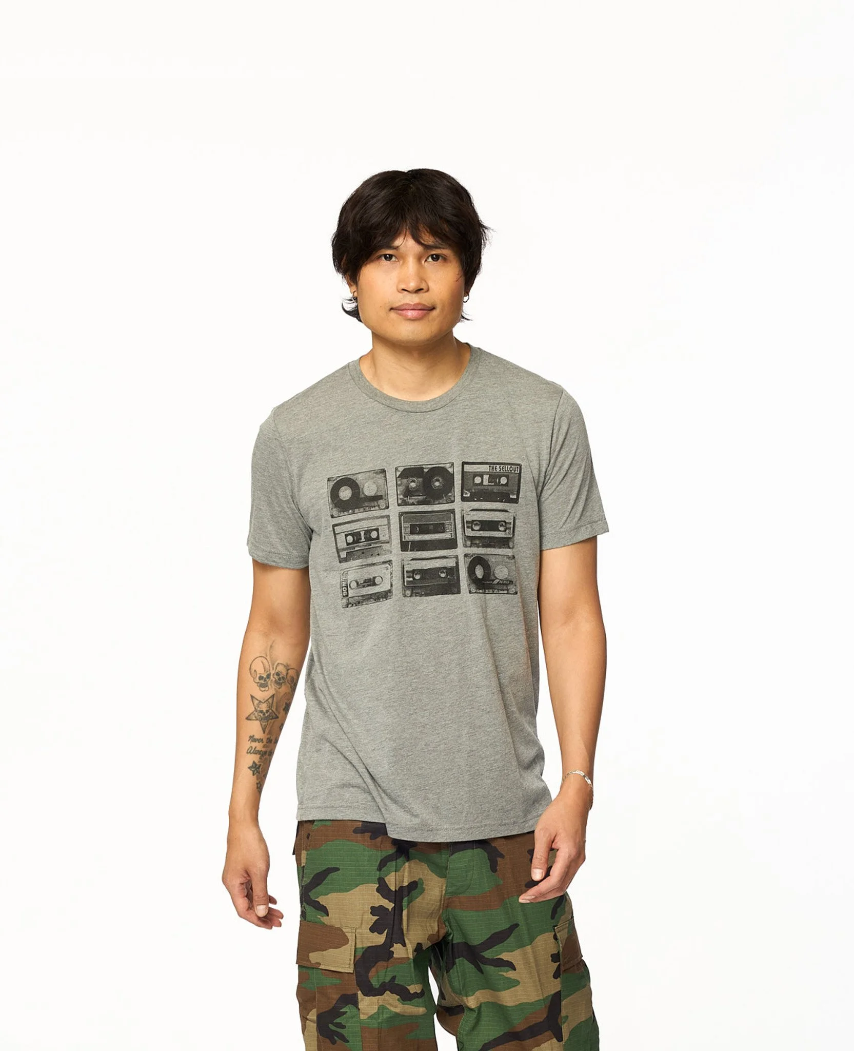 Gray cassettes graphic triblend t-shirt front view with relaxed unisex fit