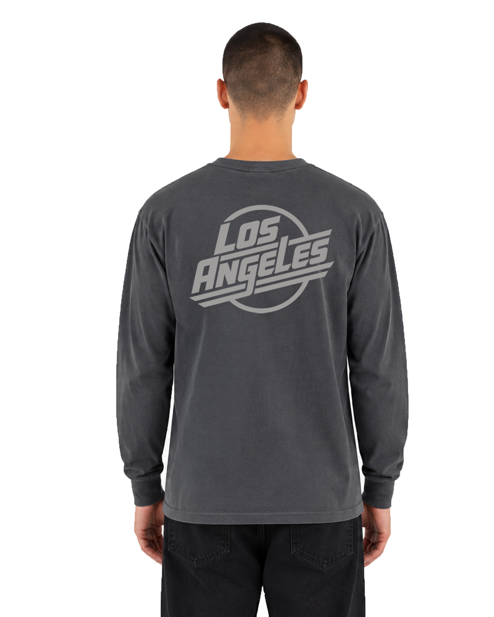 The SellOut vintage wash graphite Los Angeles Logo Long Sleeve Tee on male model, back view
