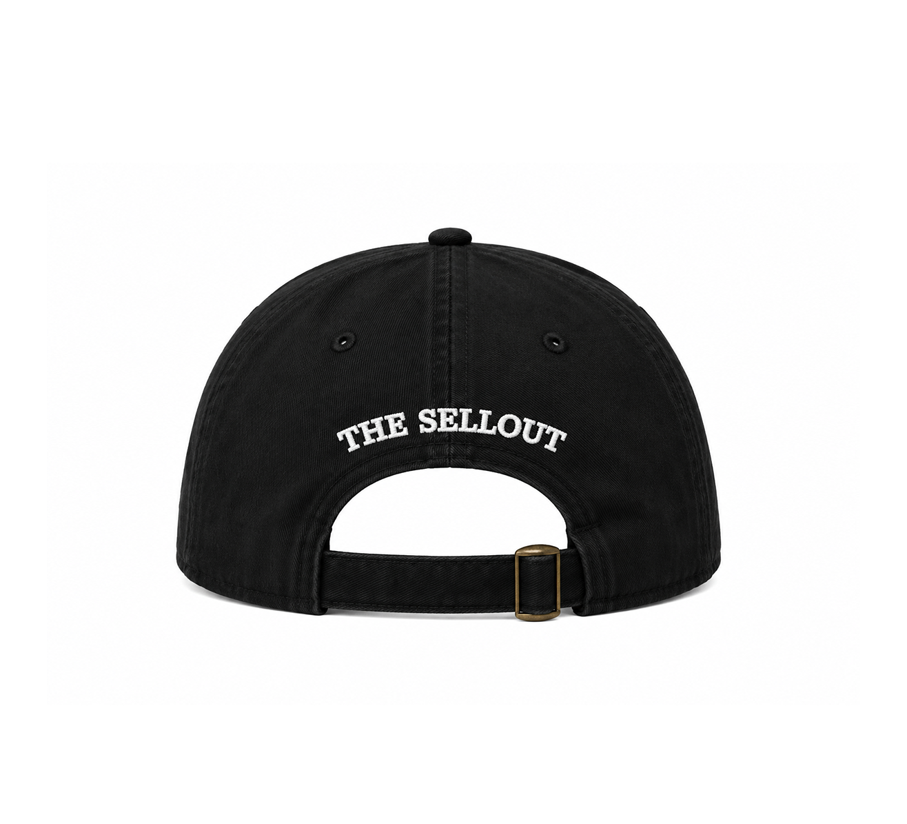 Back view of black dad hat with THE SELLOUT embroidery and brass adjustable strap.