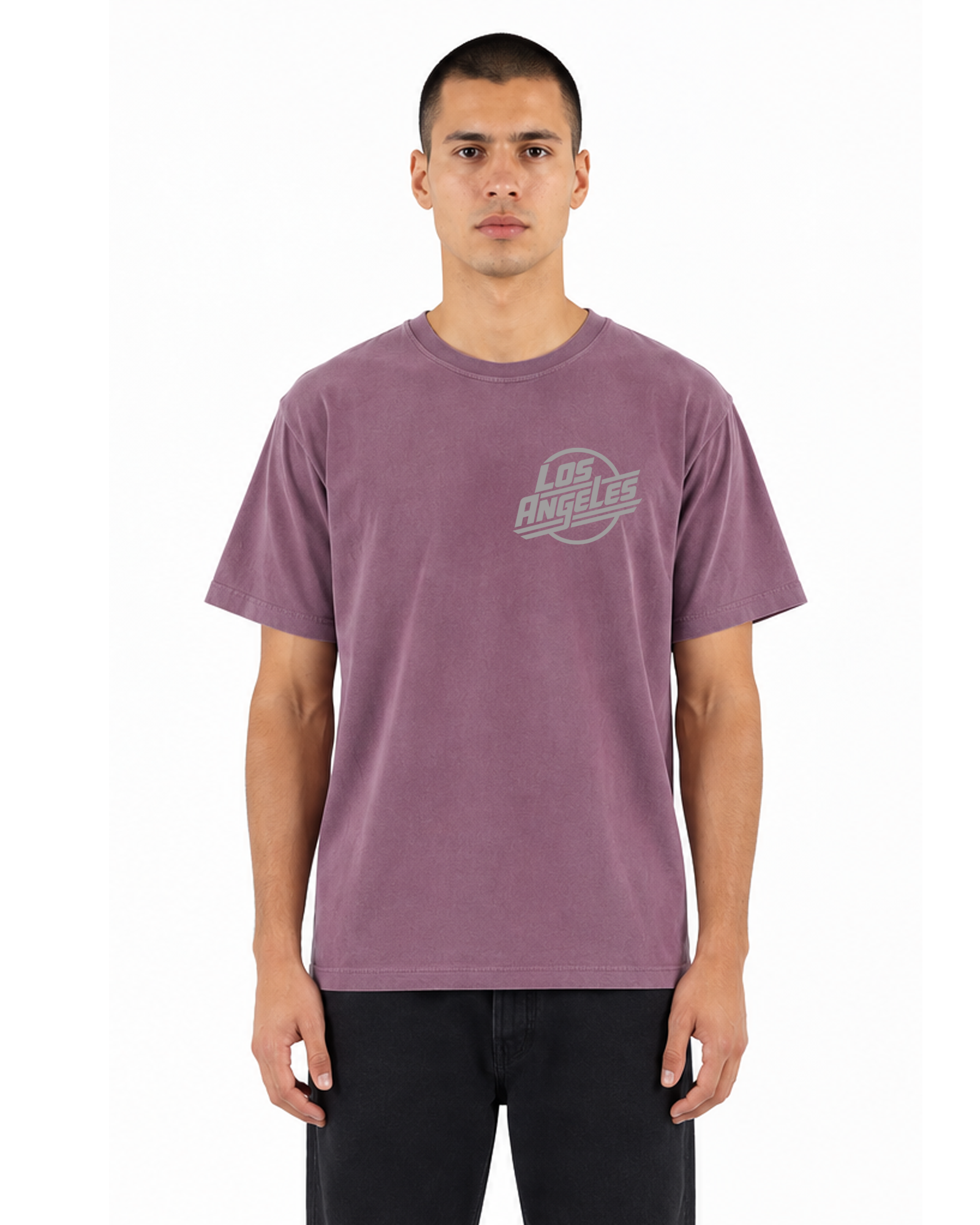 Male model wearing The SellOut Los Angeles Logo Tee in vintage wash berry, front view