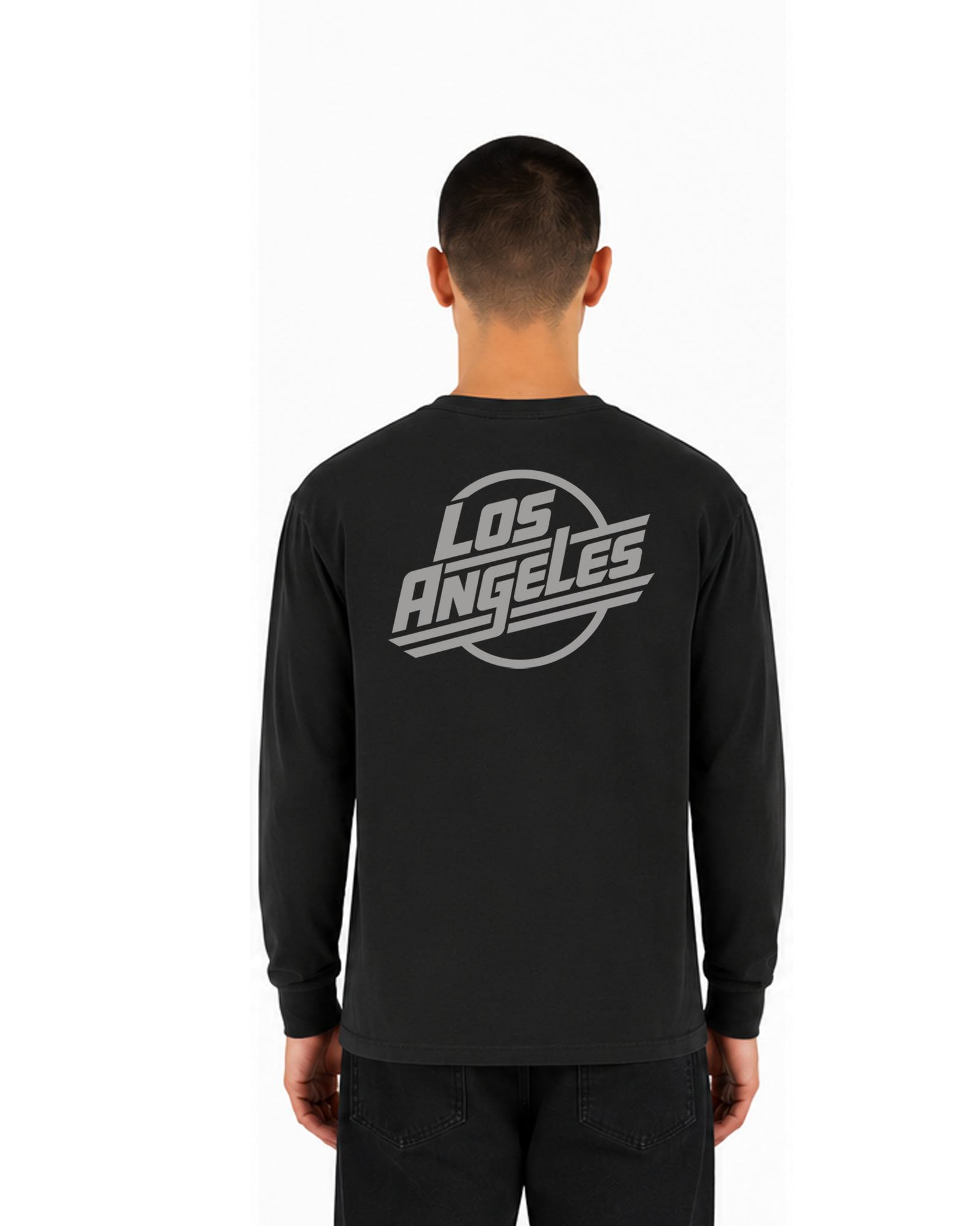 The SellOut vintage wash black Los Angeles Logo Long Sleeve Tee on male model, back view