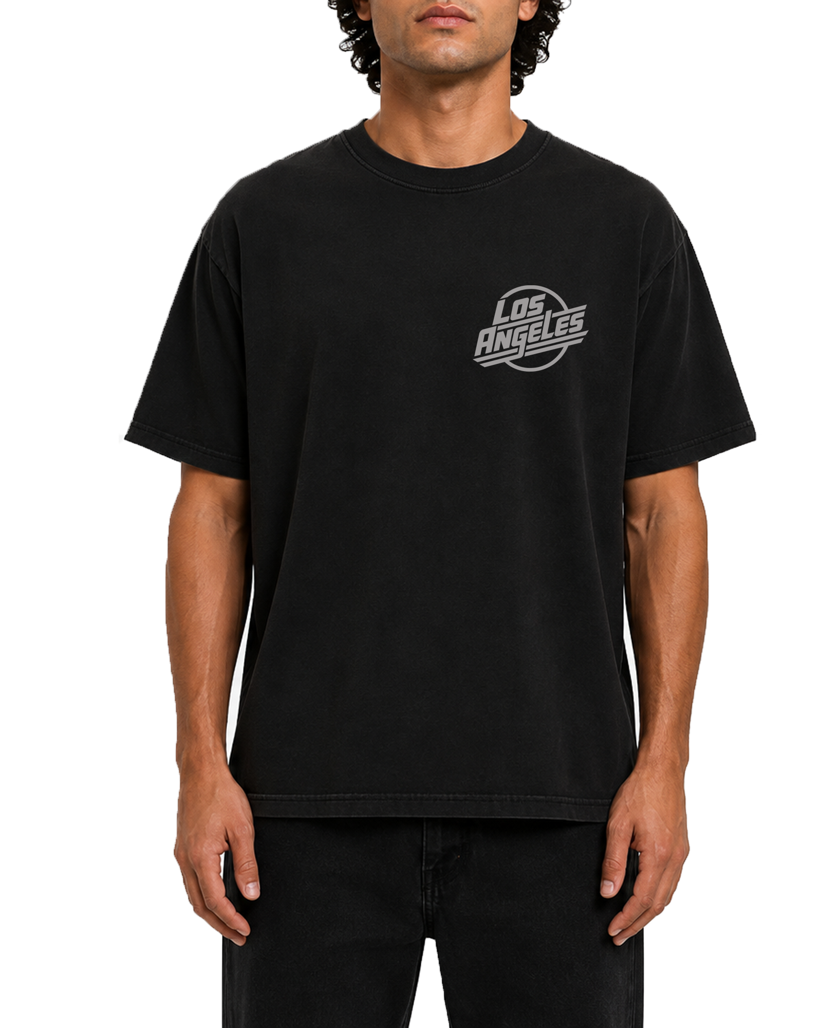 Male model wearing The SellOut Los Angeles Logo Tee in vintage wash black, front view