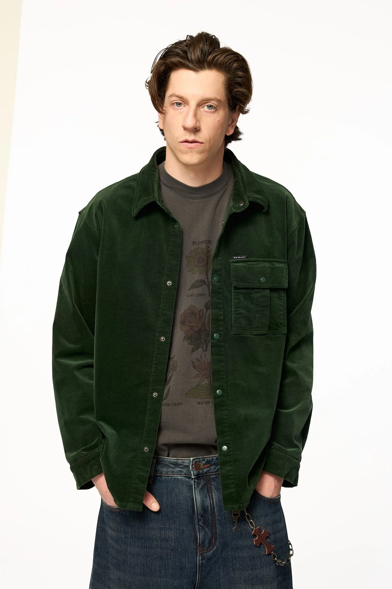 Green corduroy shirt jacket by The SellOut front open view