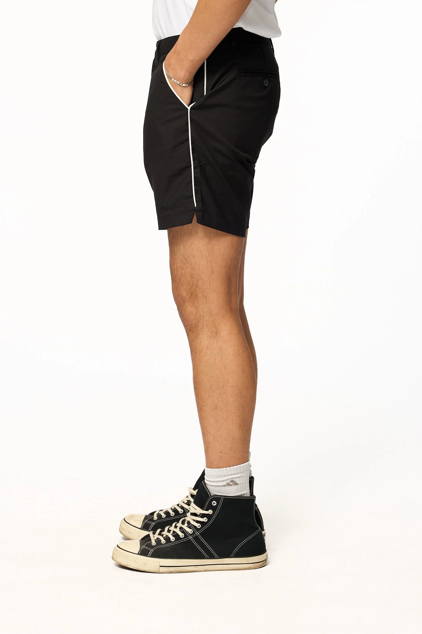 Black piped shorts side detail highlighting white contrast piping