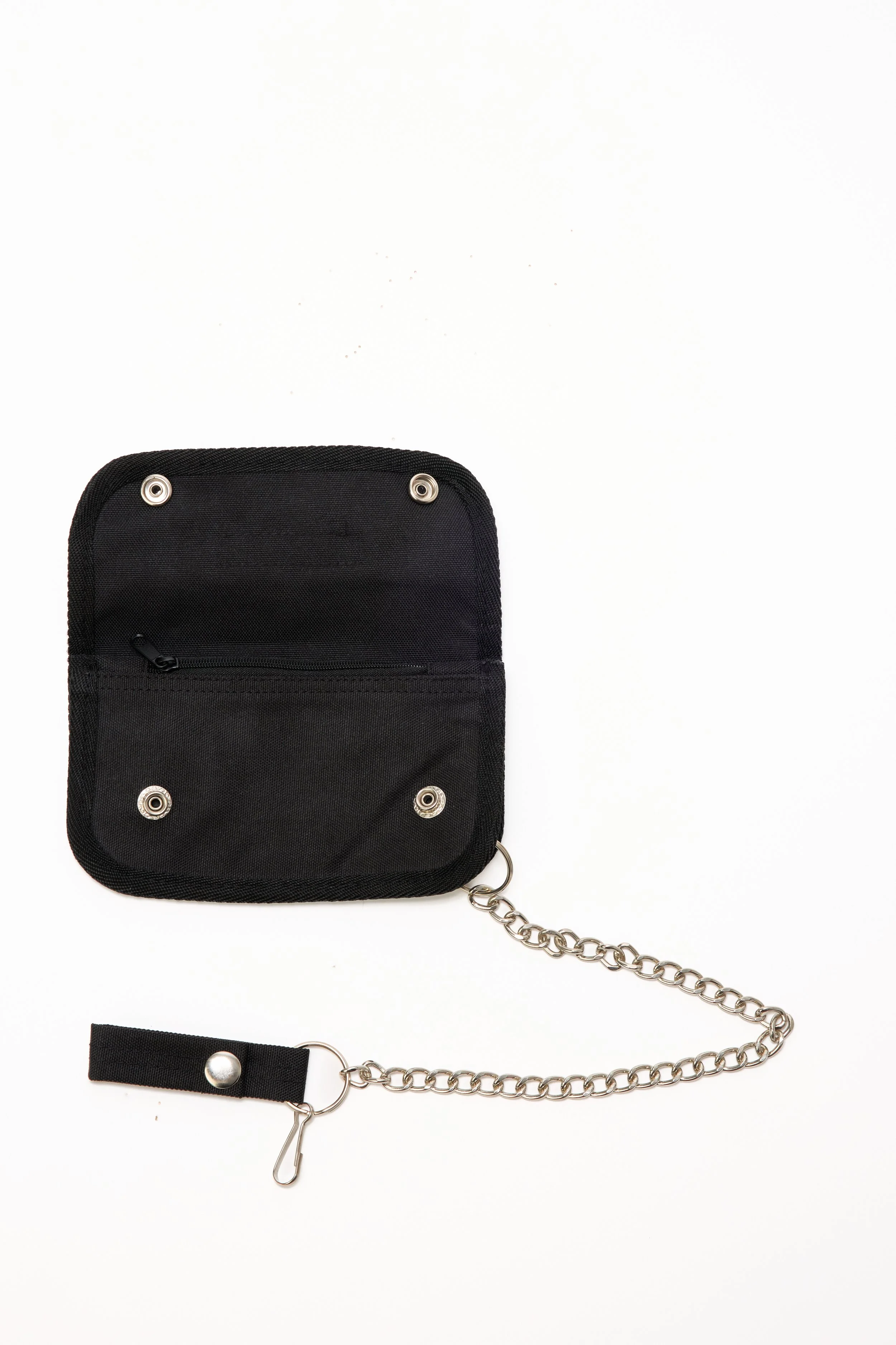 Open view of The SellOut Commuter Chain Wallet showing multiple storage compartments, zipper pocket, and detachable metal chain.