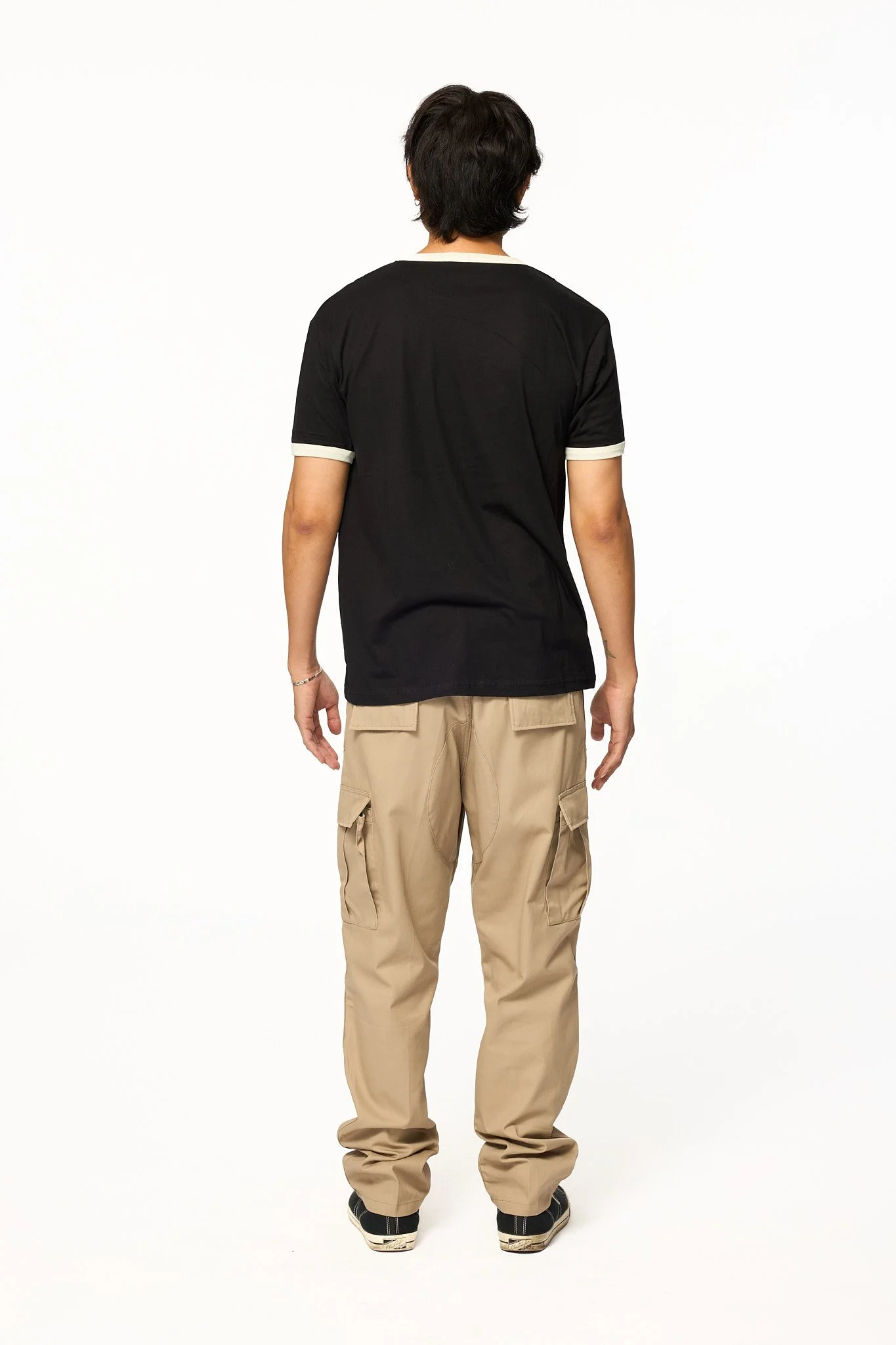 Black ringer t-shirt back view with white contrast collar and sleeves relaxed fit