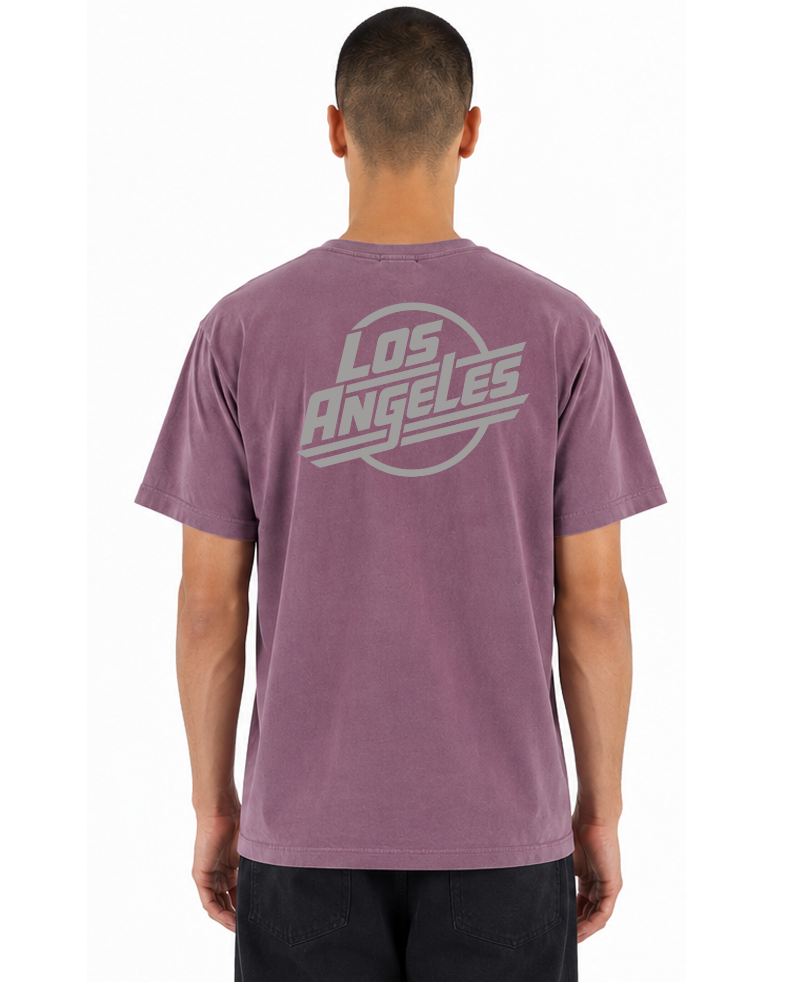 The SellOut vintage wash berry Los Angeles Logo Tee on male model, back view
