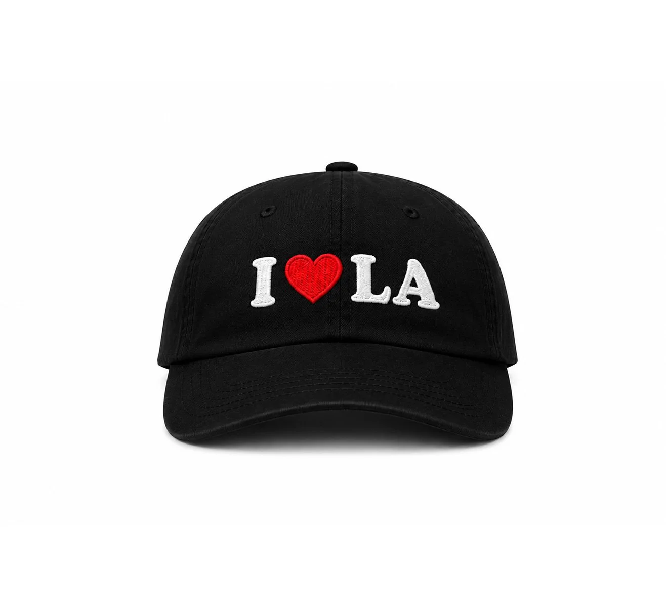 Black embroidered I ❤️ LA dad hat front view on white background by The SellOut.