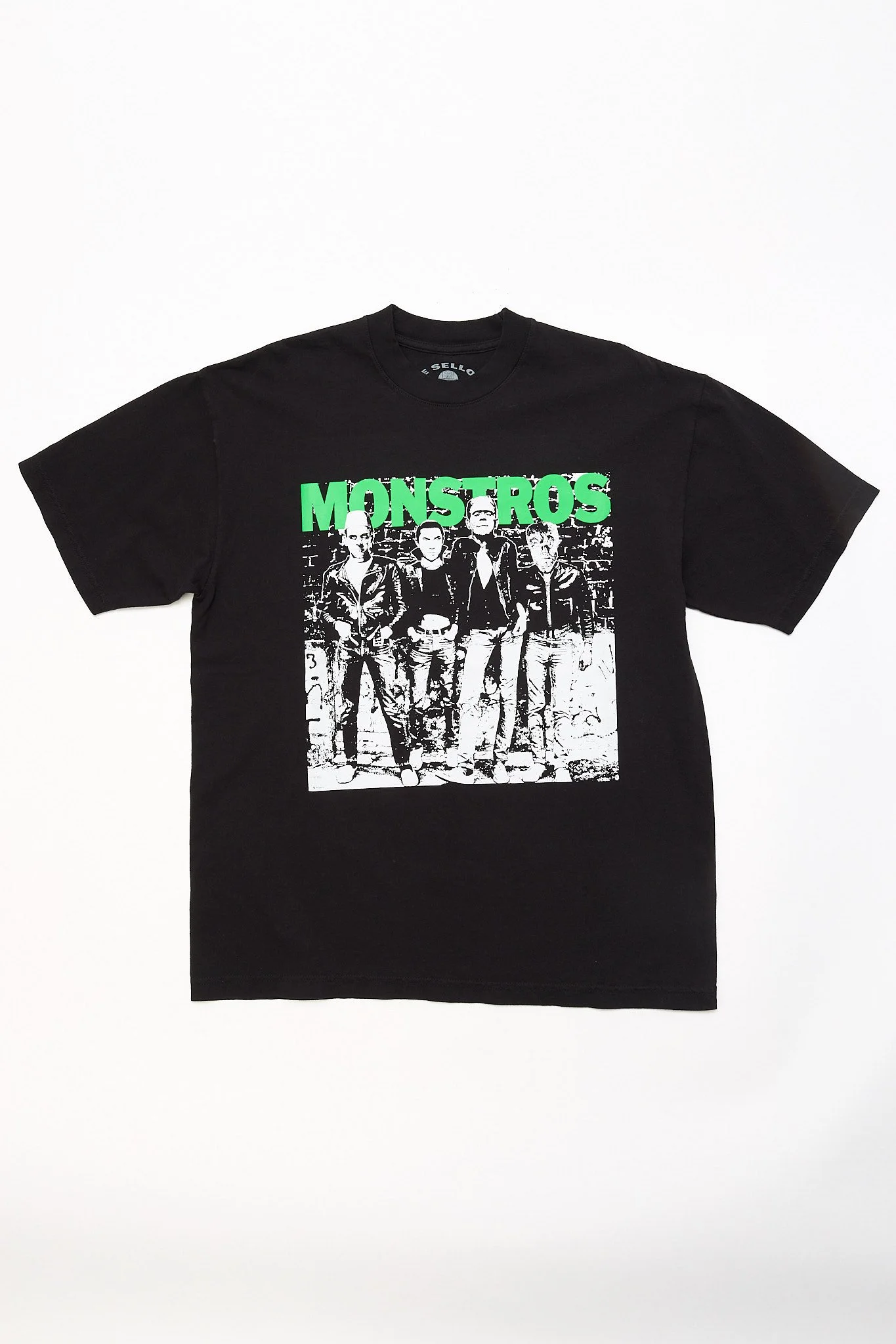 Black Punk Monsters graphic t-shirt flat lay front view showing Ramones inspired and Universal Monsters design