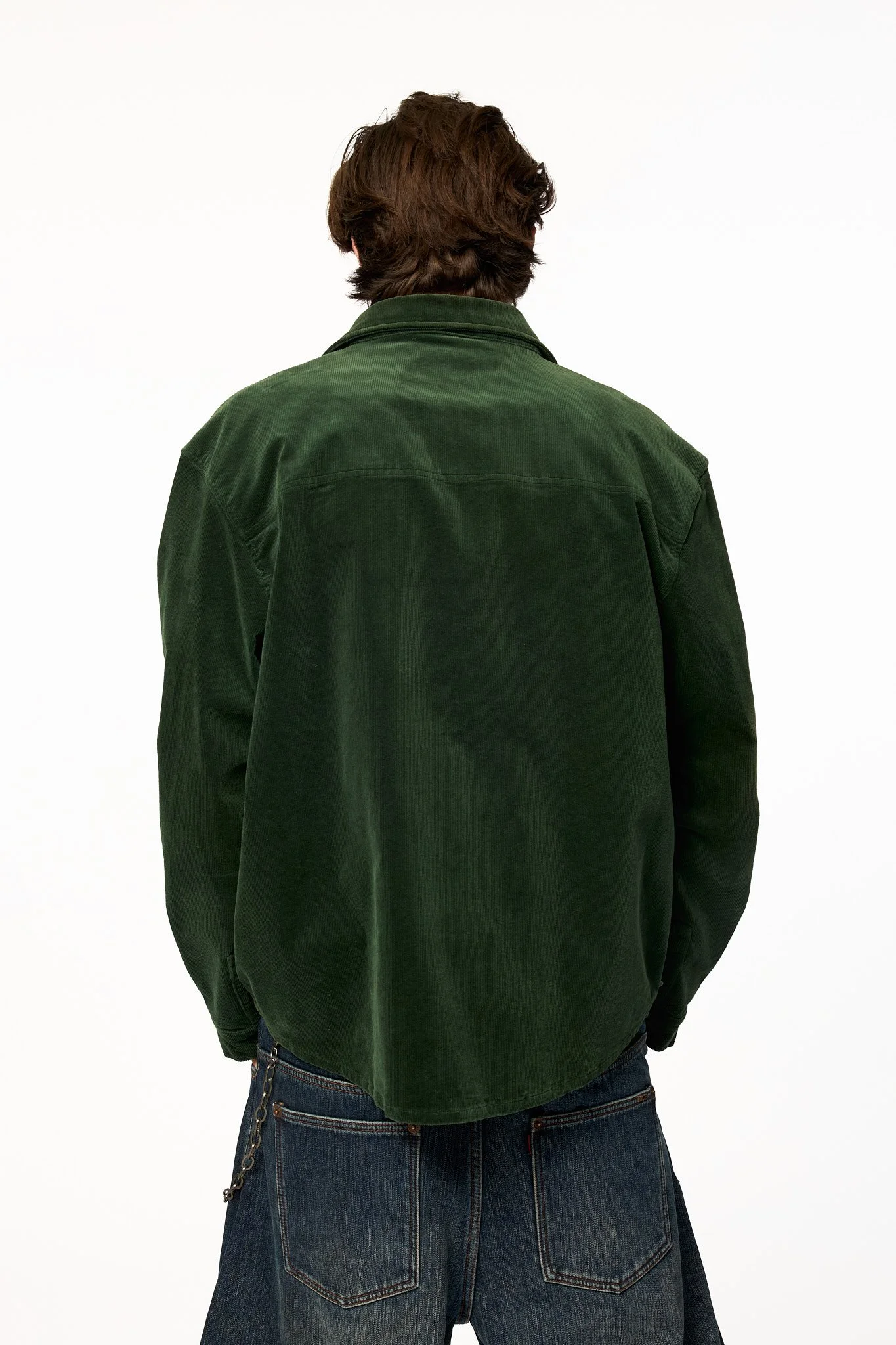 Green corduroy shirt jacket by The SellOut back view